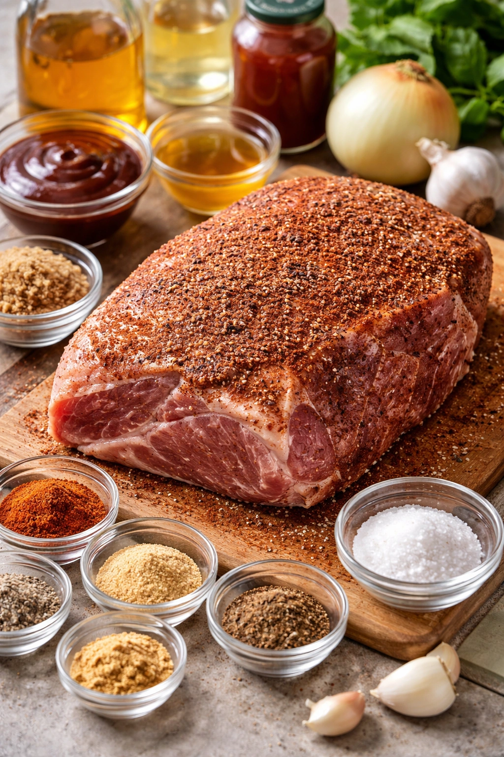 Pork shoulder with coarse dry rub on a cutting board