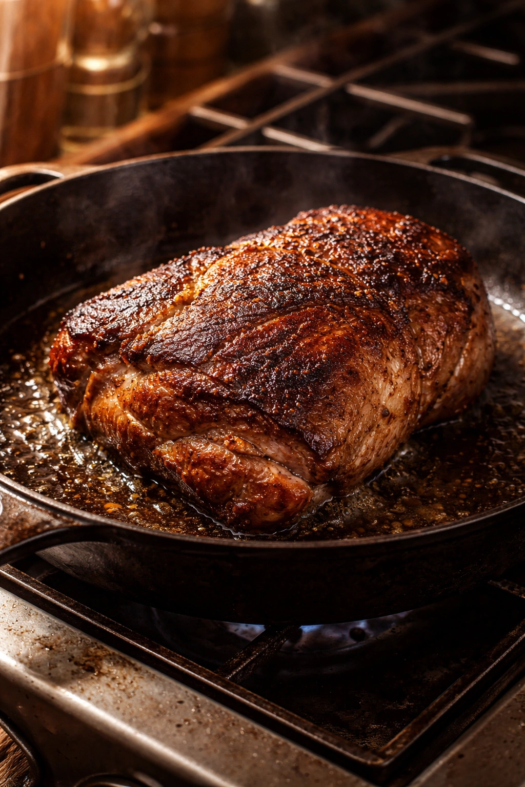 Close-up of pork shoulder searing to a rich Maillard crust in a cast-iron skillet