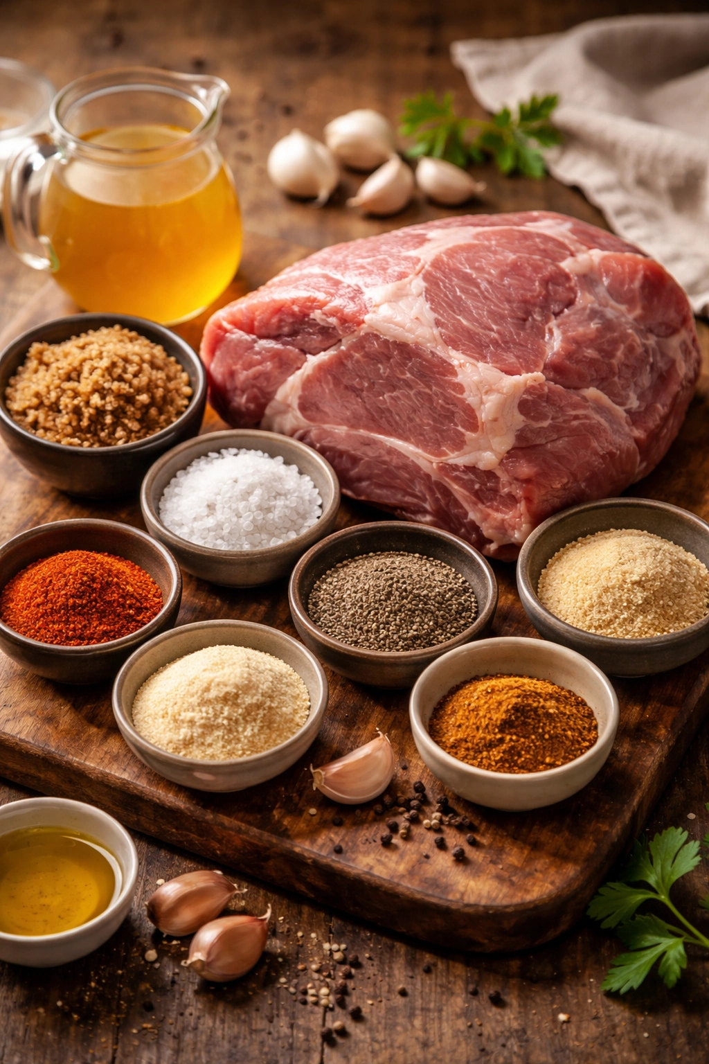Pork shoulder with bowls of spices on wooden board