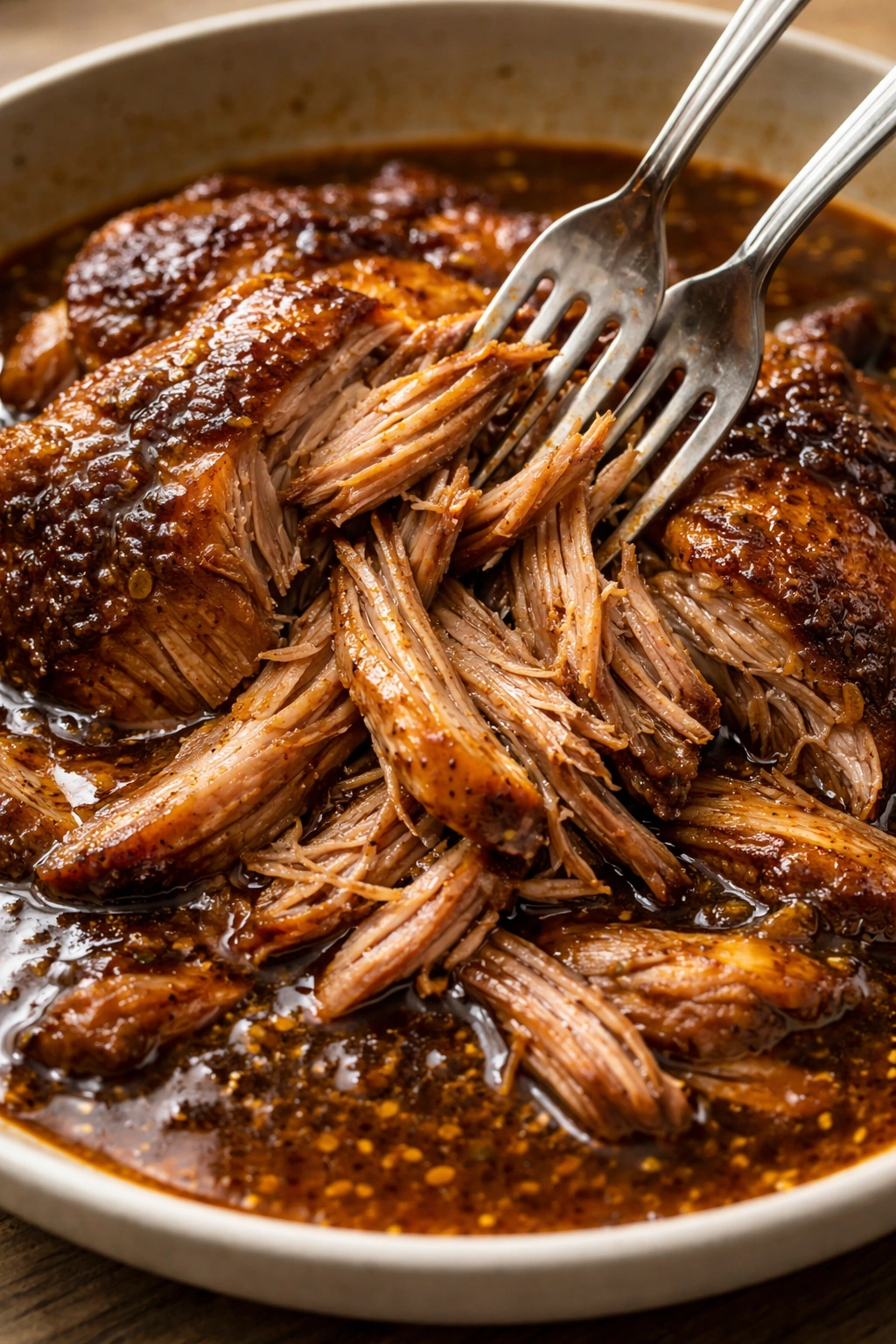 Fork-tender shredded pork shoulder in glossy braising liquid