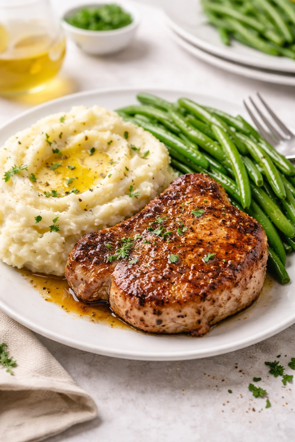 Plate of mashed potatoes and green beans as sides