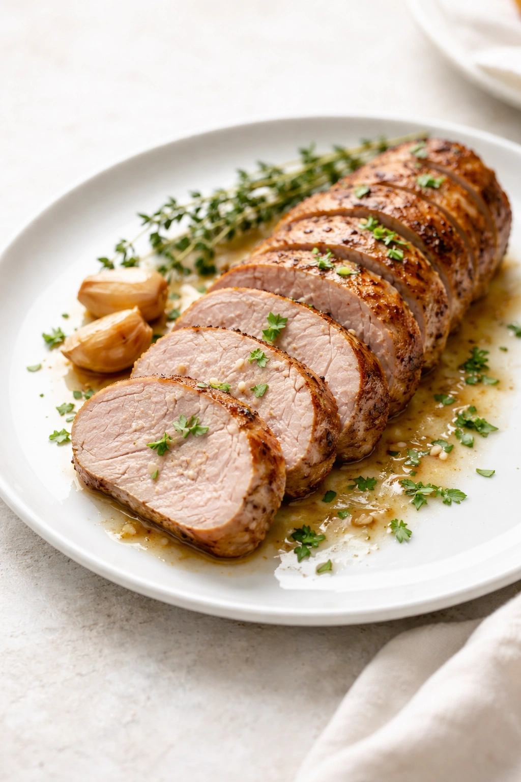 Finished pork tenderloin plated with garnish