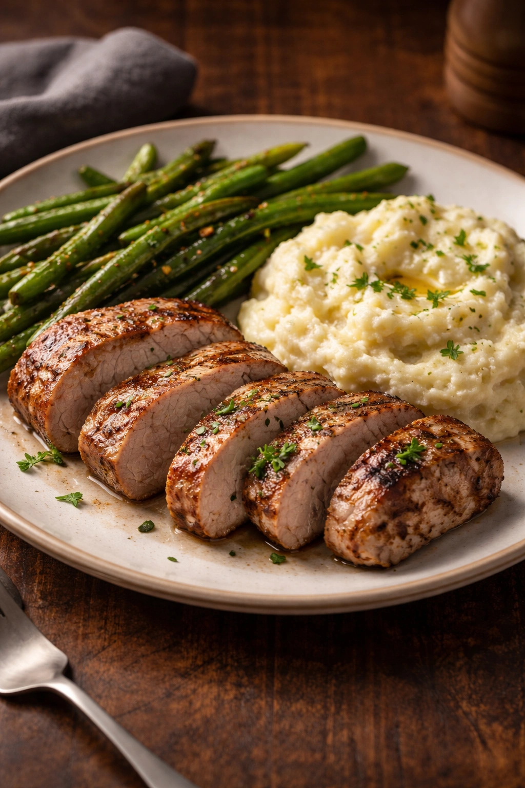 Grilled pork tenderloin with green beans and garlic mashed cauliflower