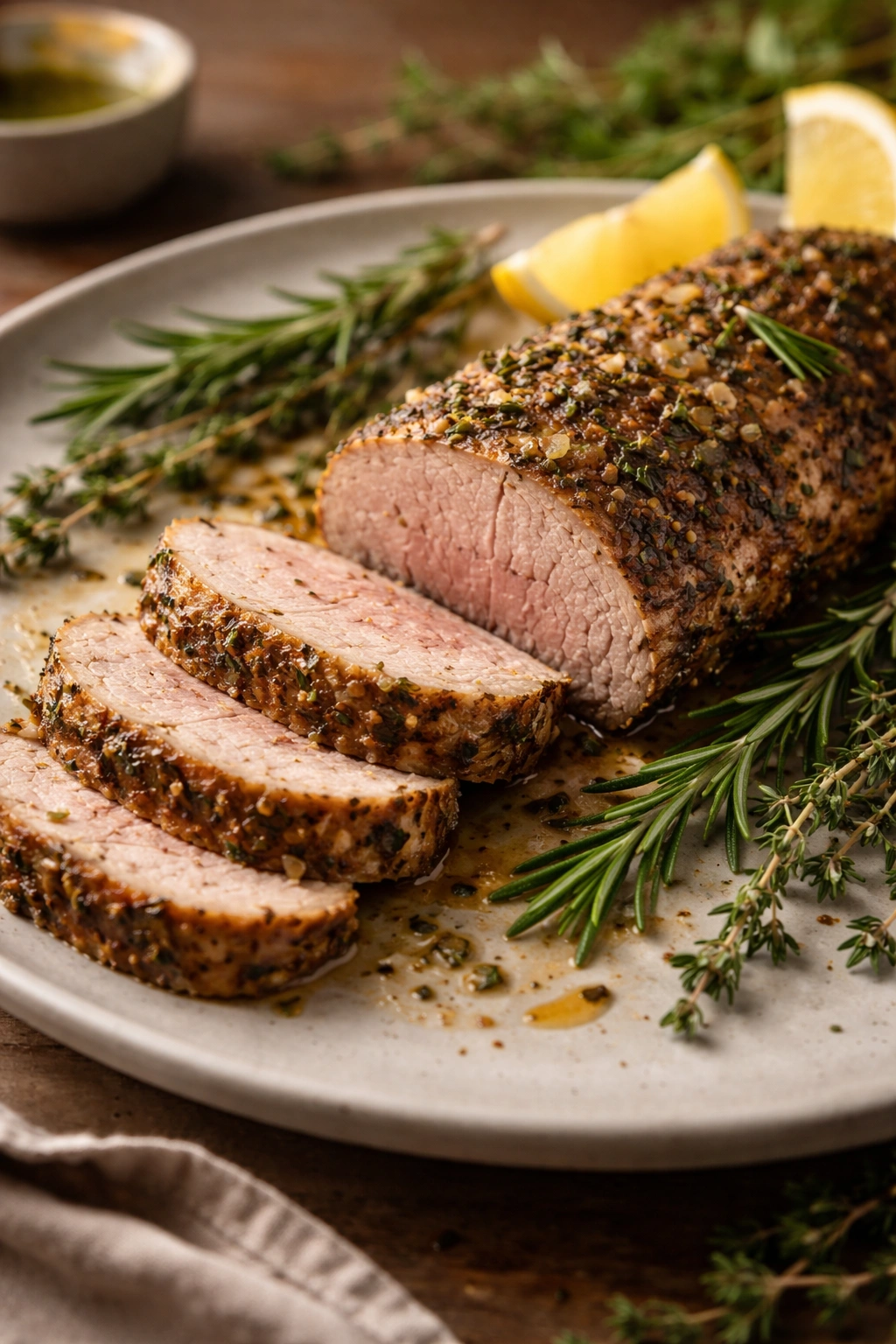 Herb-crusted pork tenderloin plated with fresh herbs