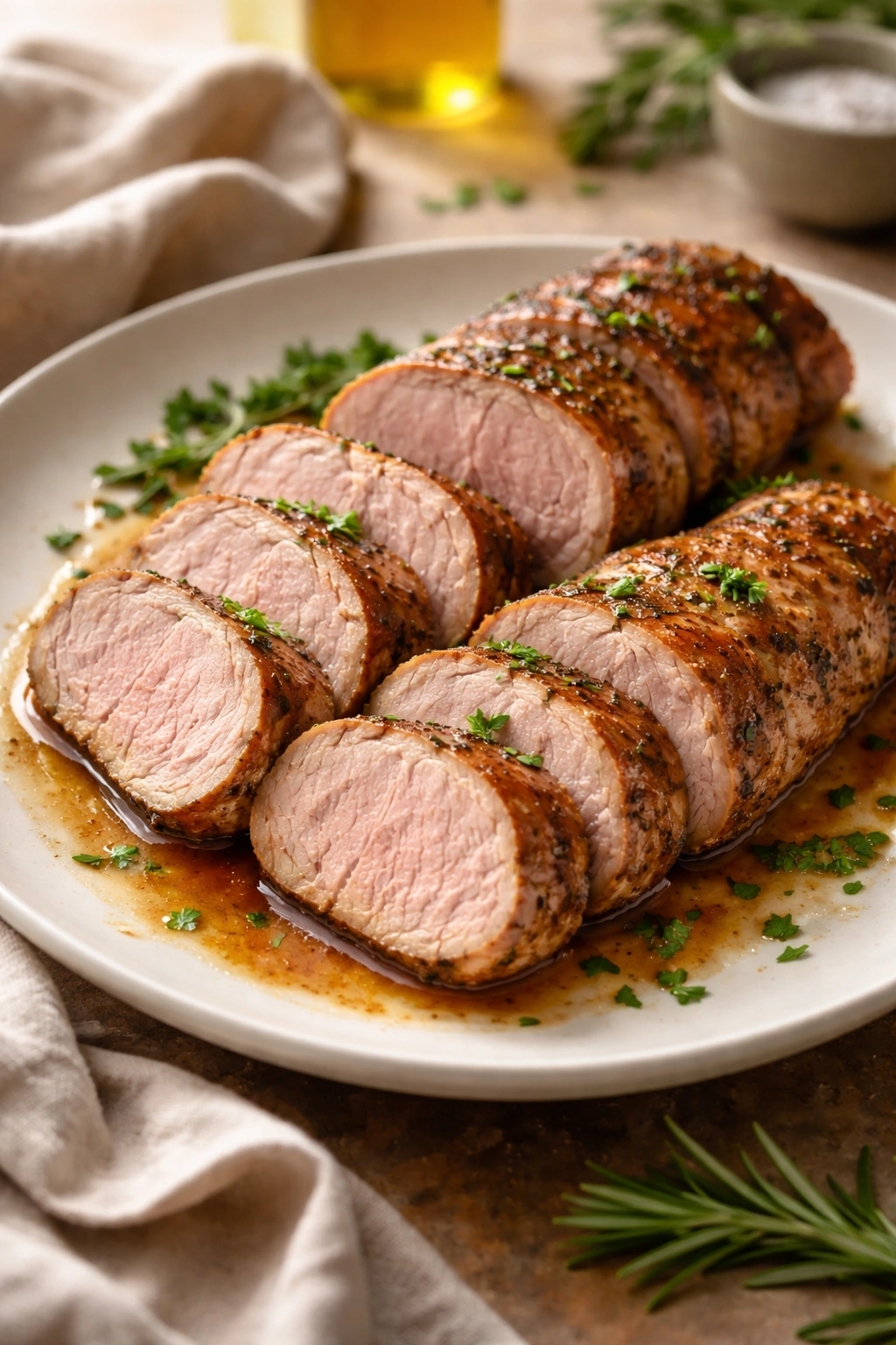 Sliced pork tenderloin on a plate with juices