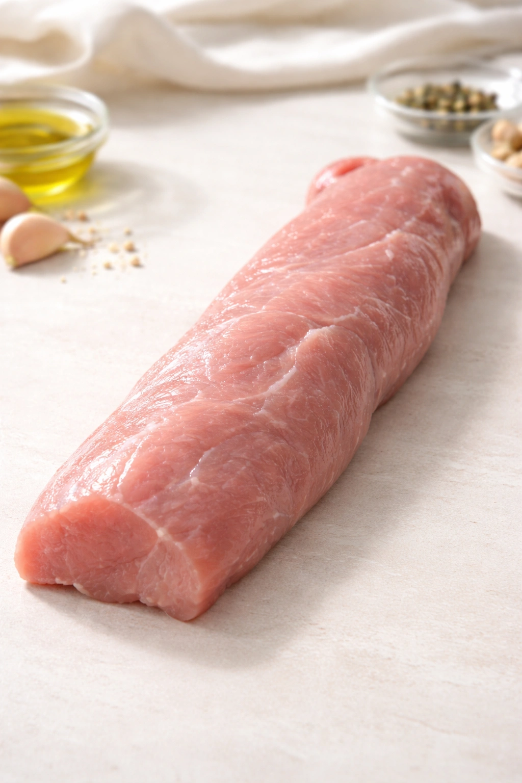 Raw pale pink pork tenderloin on neutral surface