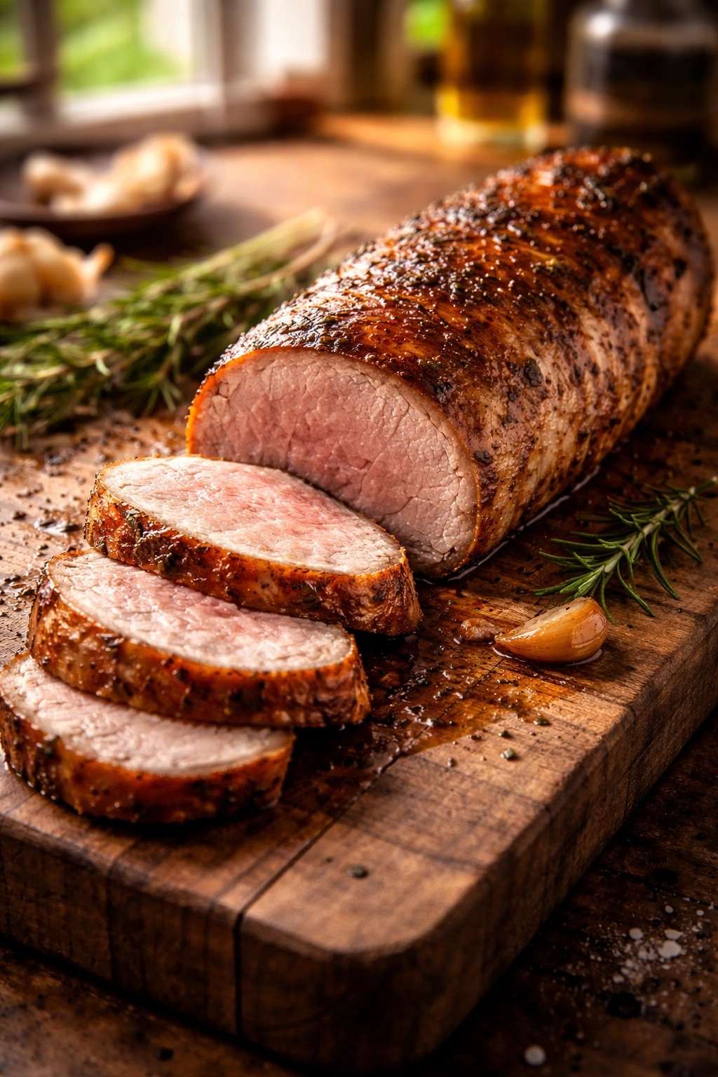 Roasted pork tenderloin on cutting board showing rosy center and crust