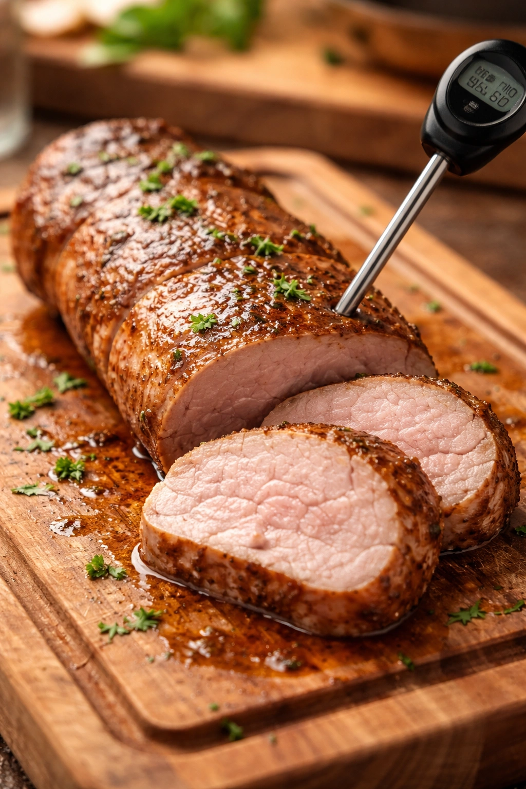 Close-up of pork tenderloin with thermometer in thickest part on cutting board, warm kitchen lighting