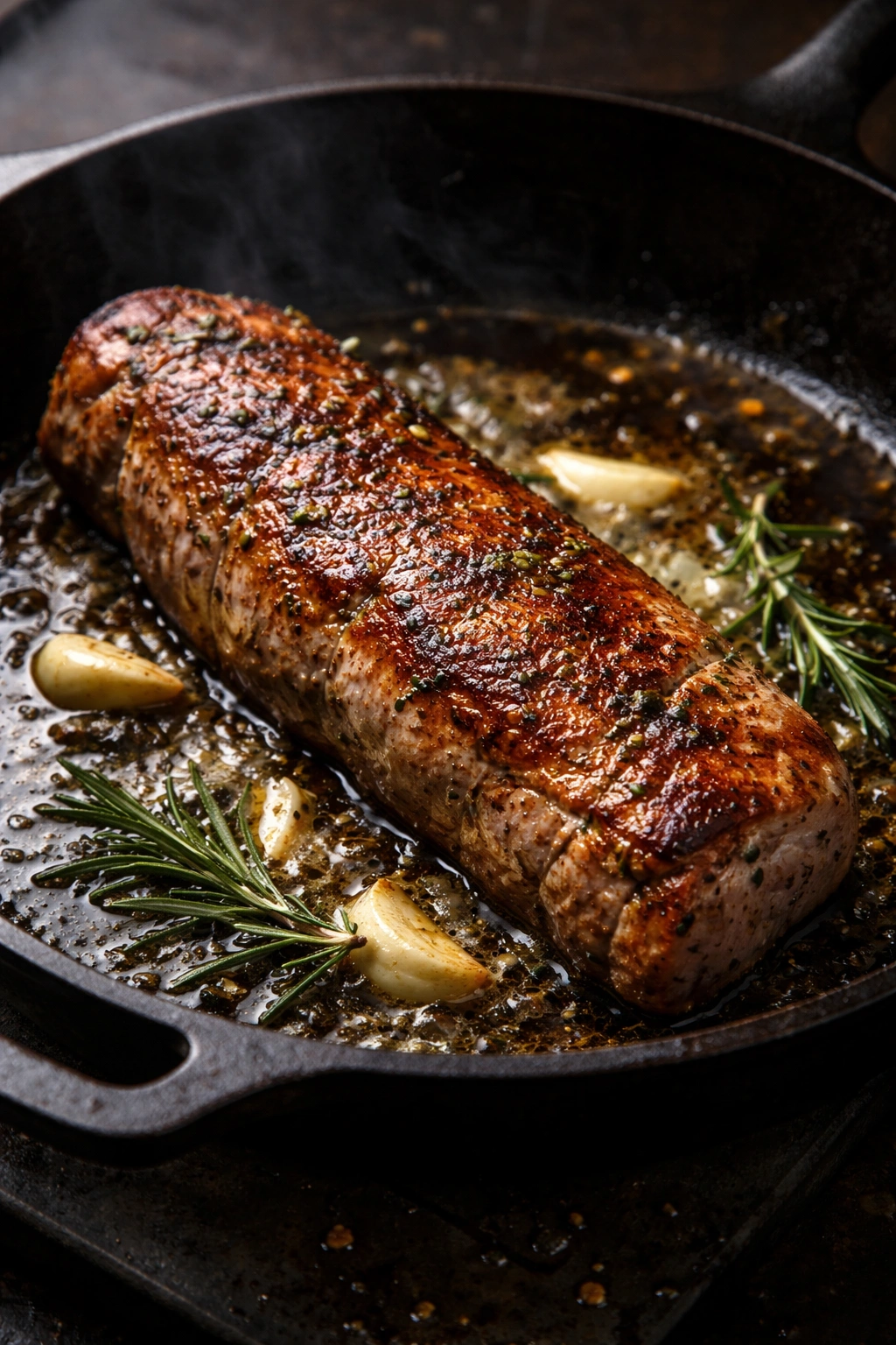 Pork tenderloin seared to a golden crust in a skillet