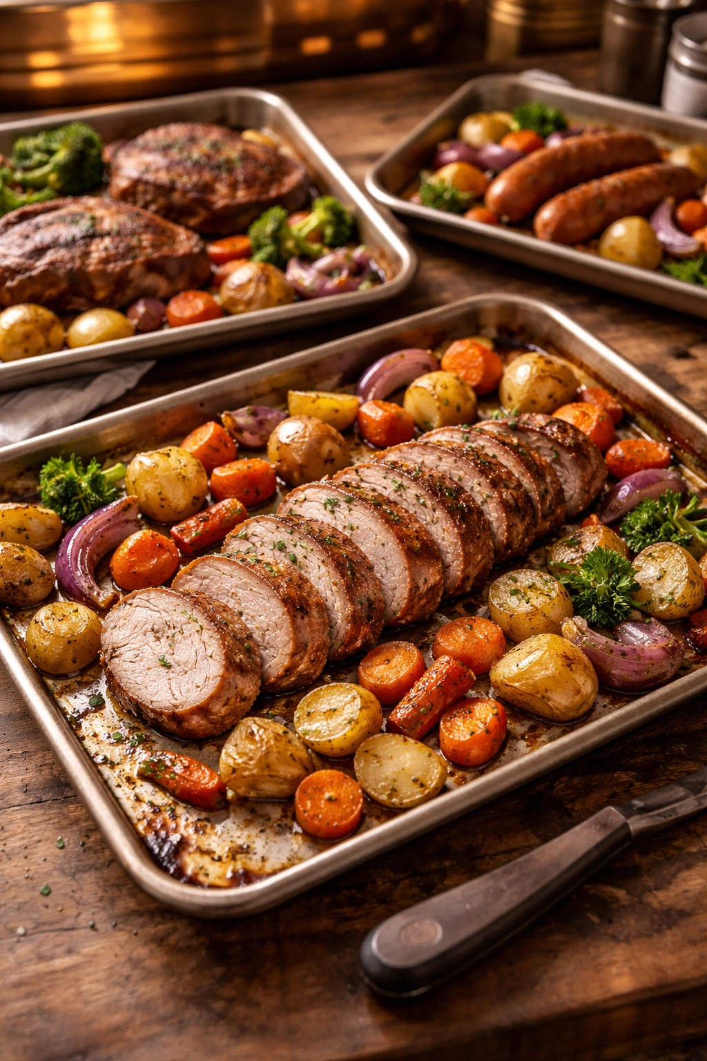 Roasted pork tenderloin with root vegetables on a sheet pan for two