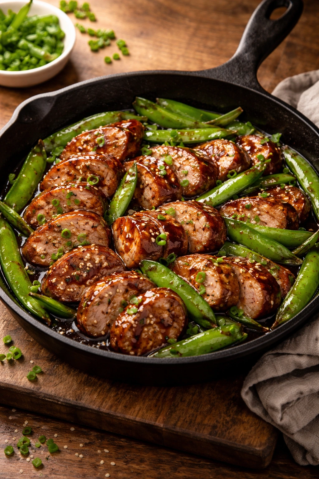 Pork tenderloin medallions with snap peas in teriyaki glaze
