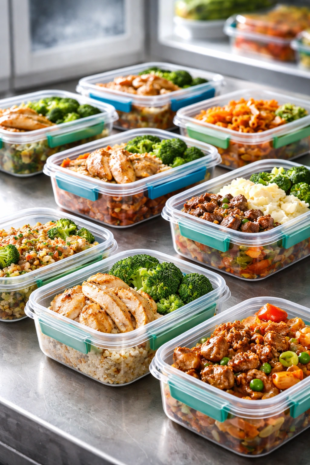 Portioned meals in uniform containers ready for freezing