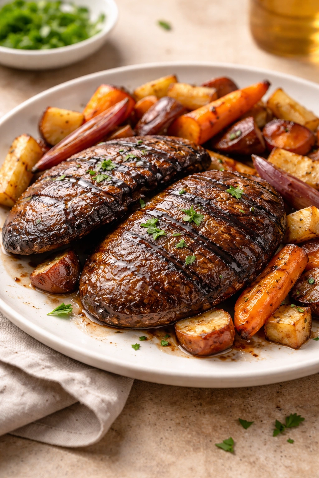 Portobello mushroom steaks with roasted root vegetables on a plate