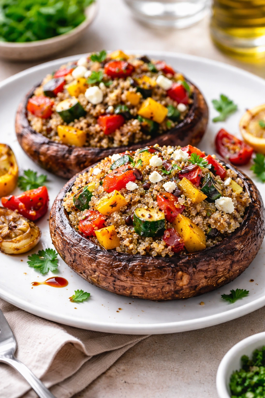 Two stuffed portobello mushrooms with quinoa on a plate