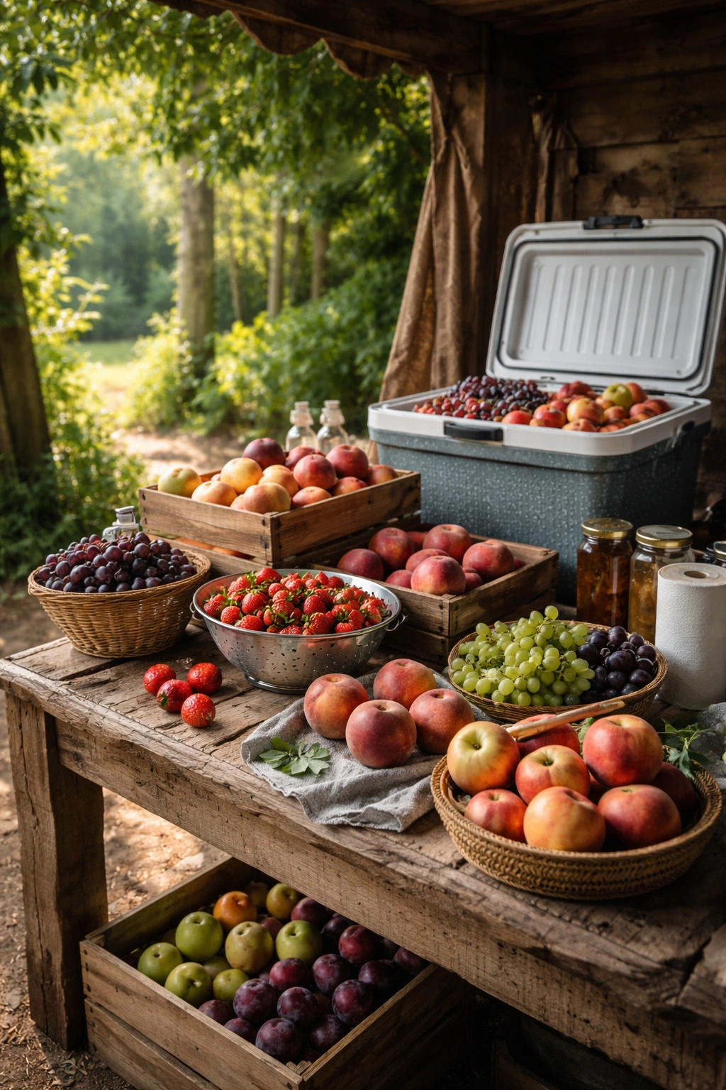 Shaded storage area with neatly arranged harvested fruit