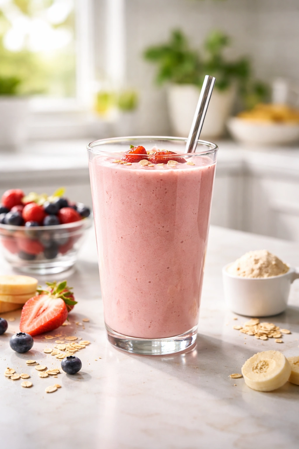 Glass of protein smoothie on a clean countertop, no text or branding visible