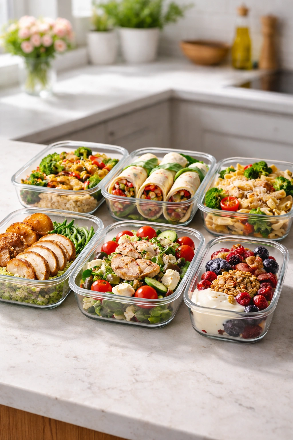 Row of glass meal-prep containers with varied foods on a kitchen island
