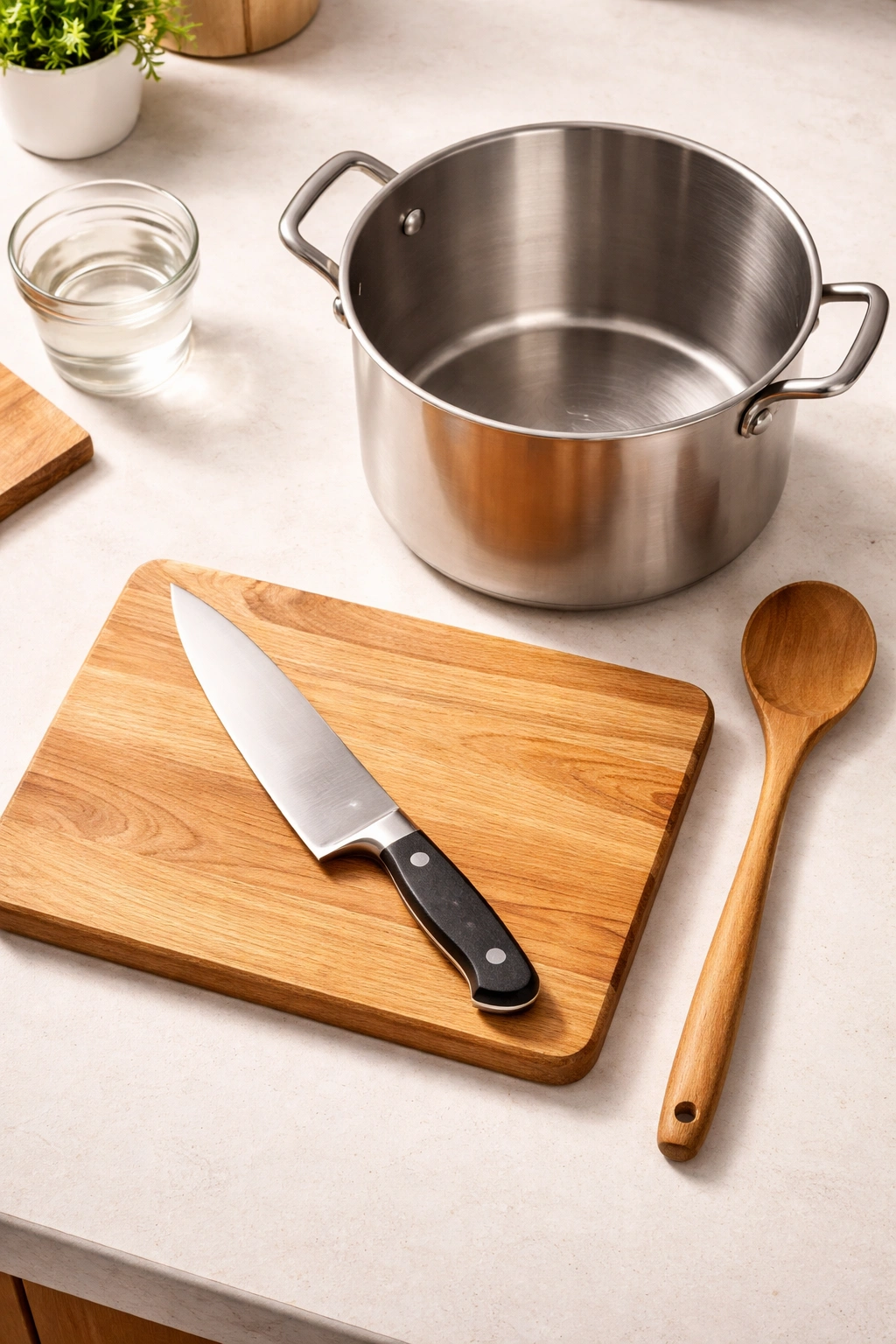 Large pot with cutting board, knife, and spoon on a kitchen counter