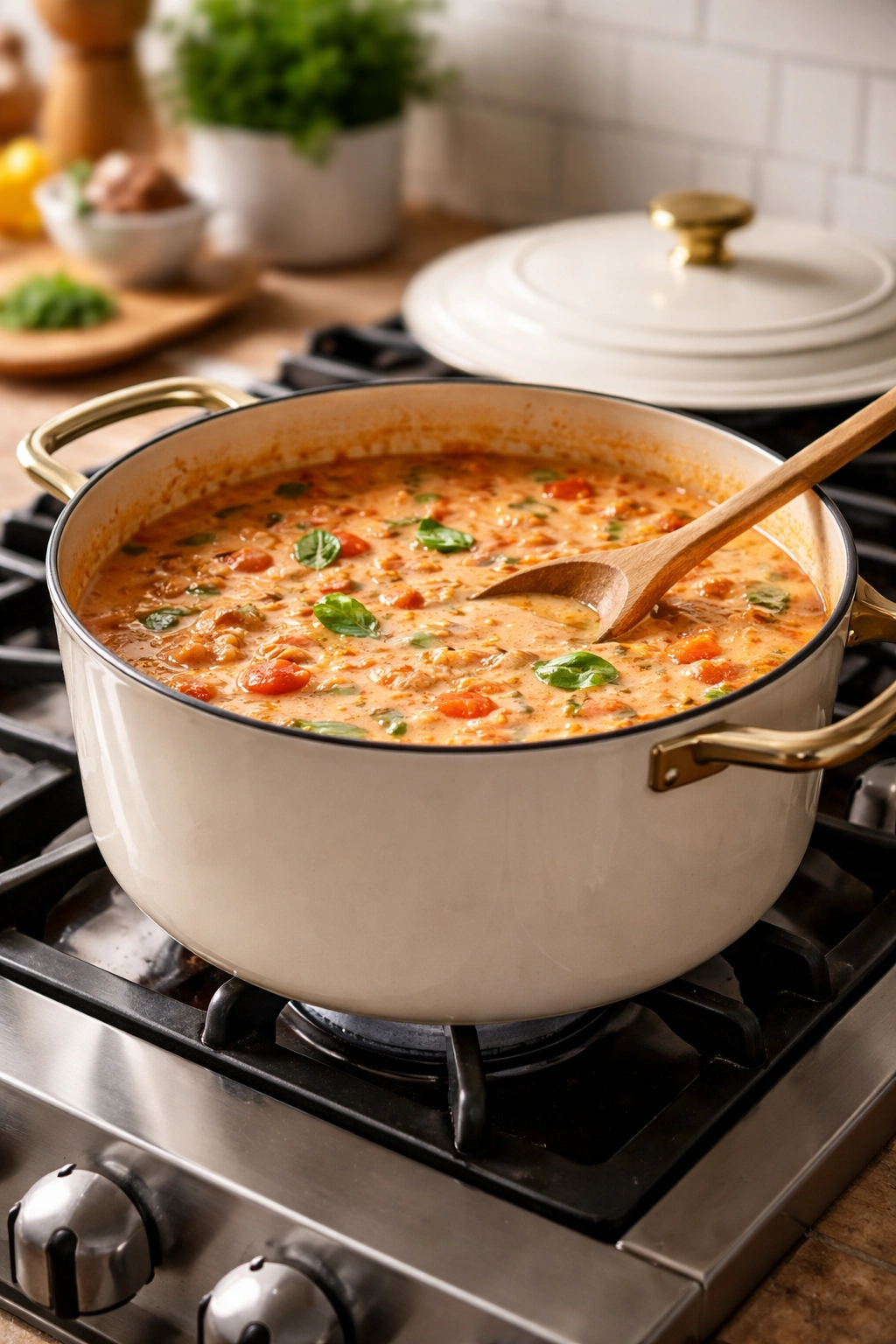 Heavy-bottom pot on stove containing sauce for one-pot pasta