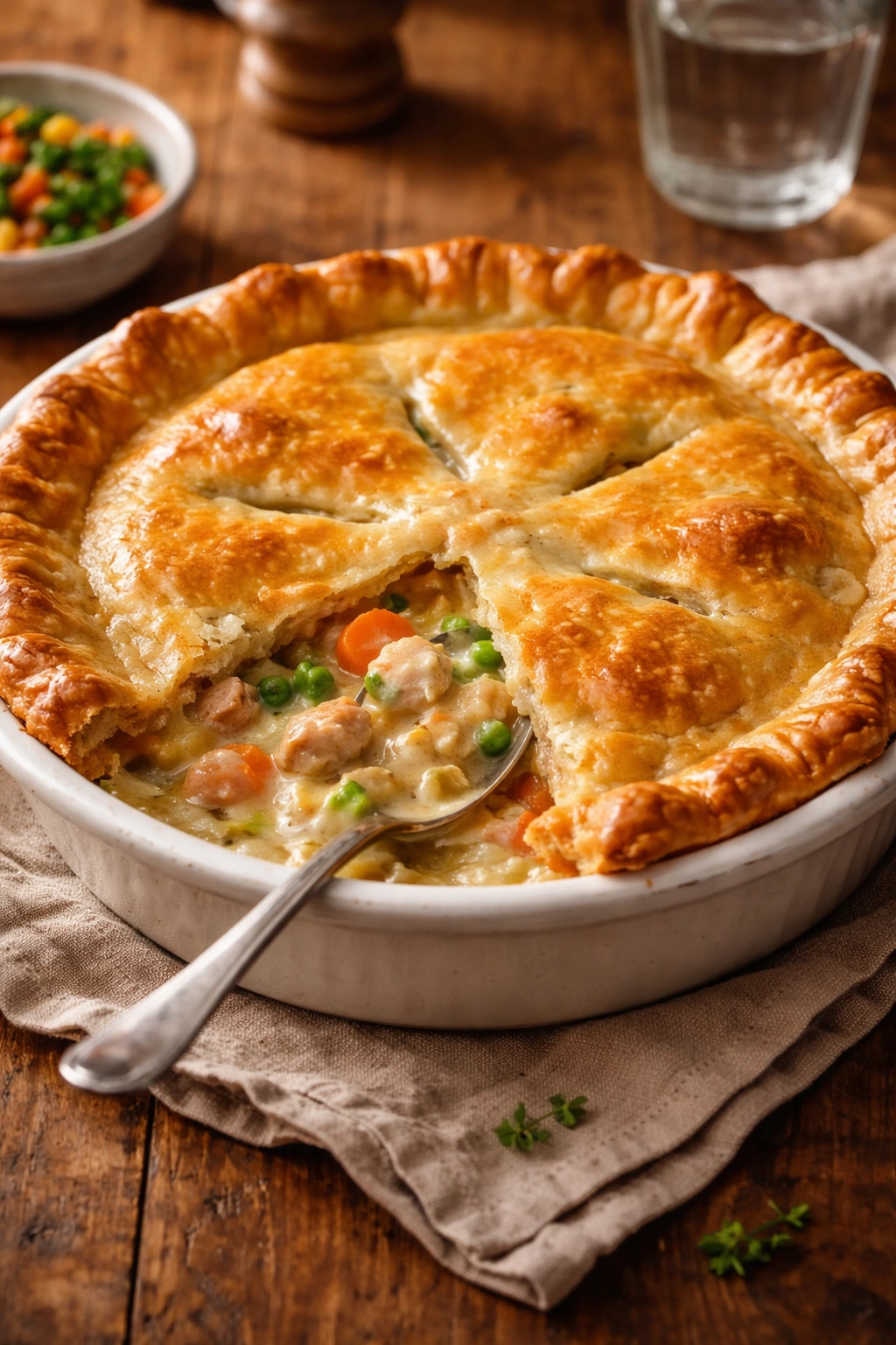 Freshly baked chicken pot pie in ceramic dish