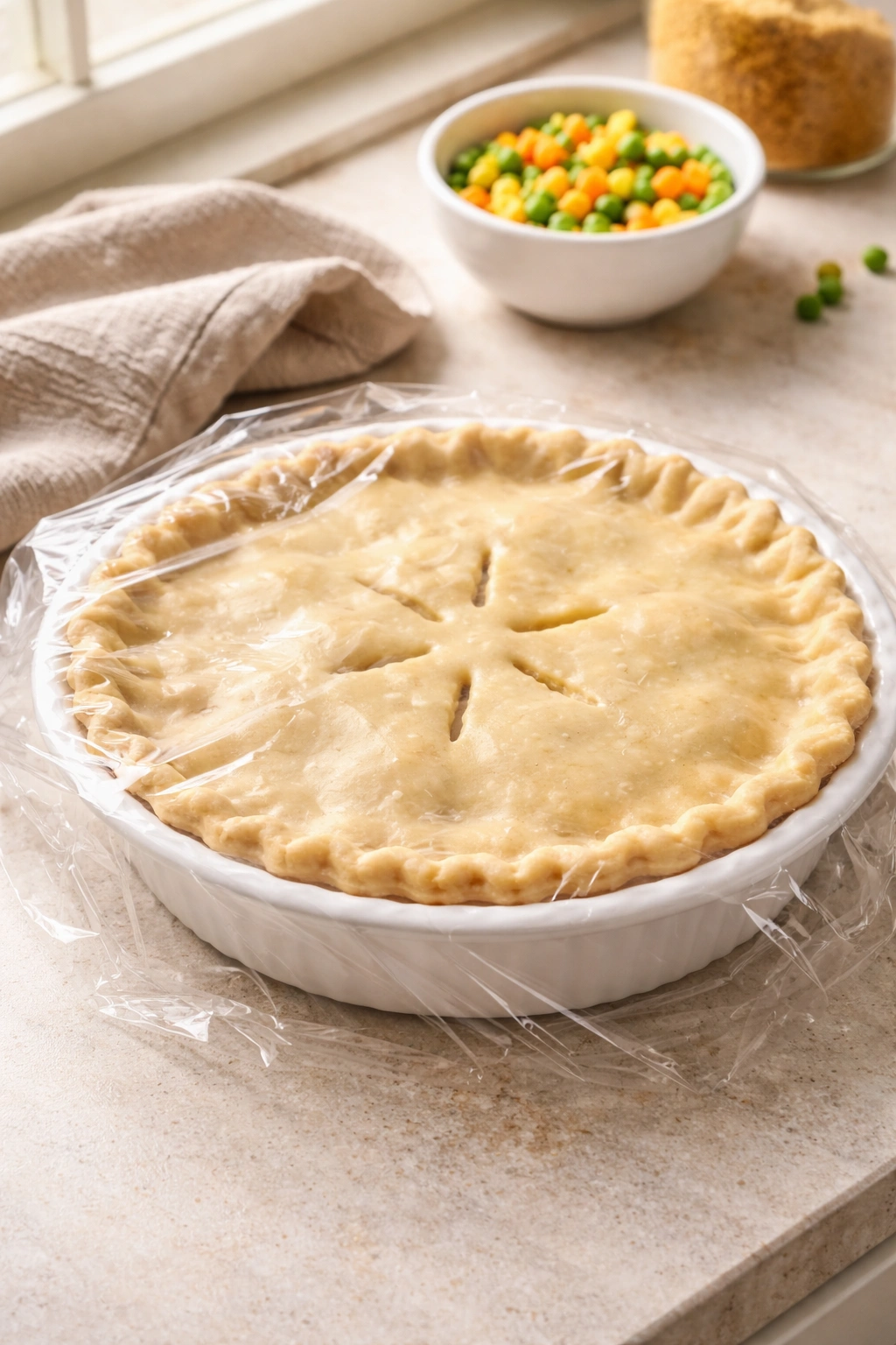 Unbaked pot pie in a ceramic dish wrapped for storage on a kitchen counter