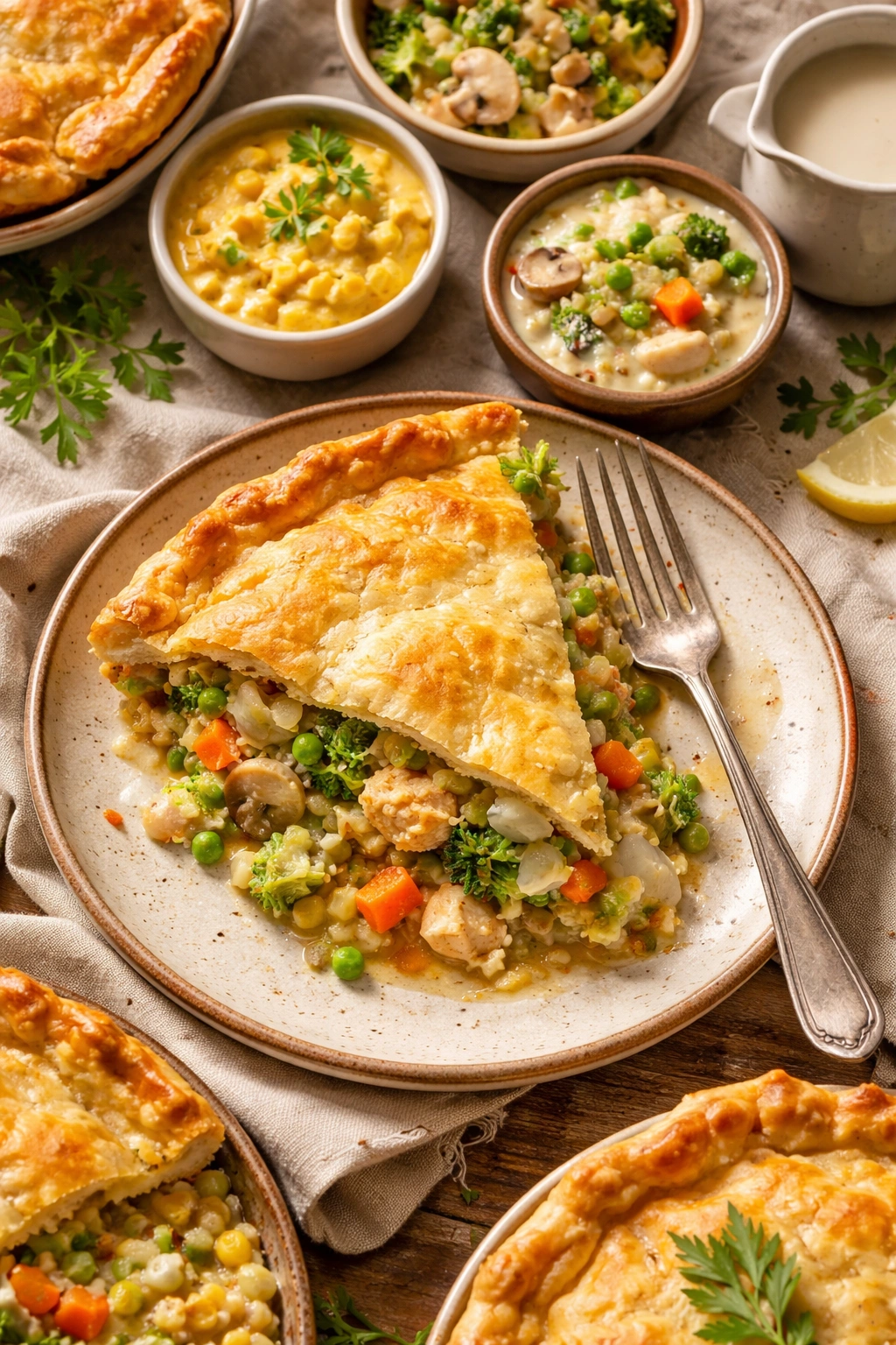 Plated slice of chicken pot pie with visible vegetables