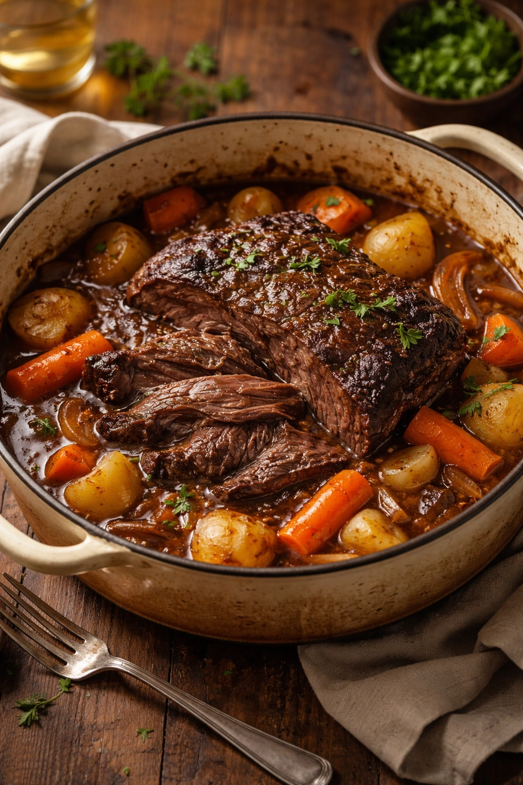 Braised beef pot roast with glossy sauce and vegetables