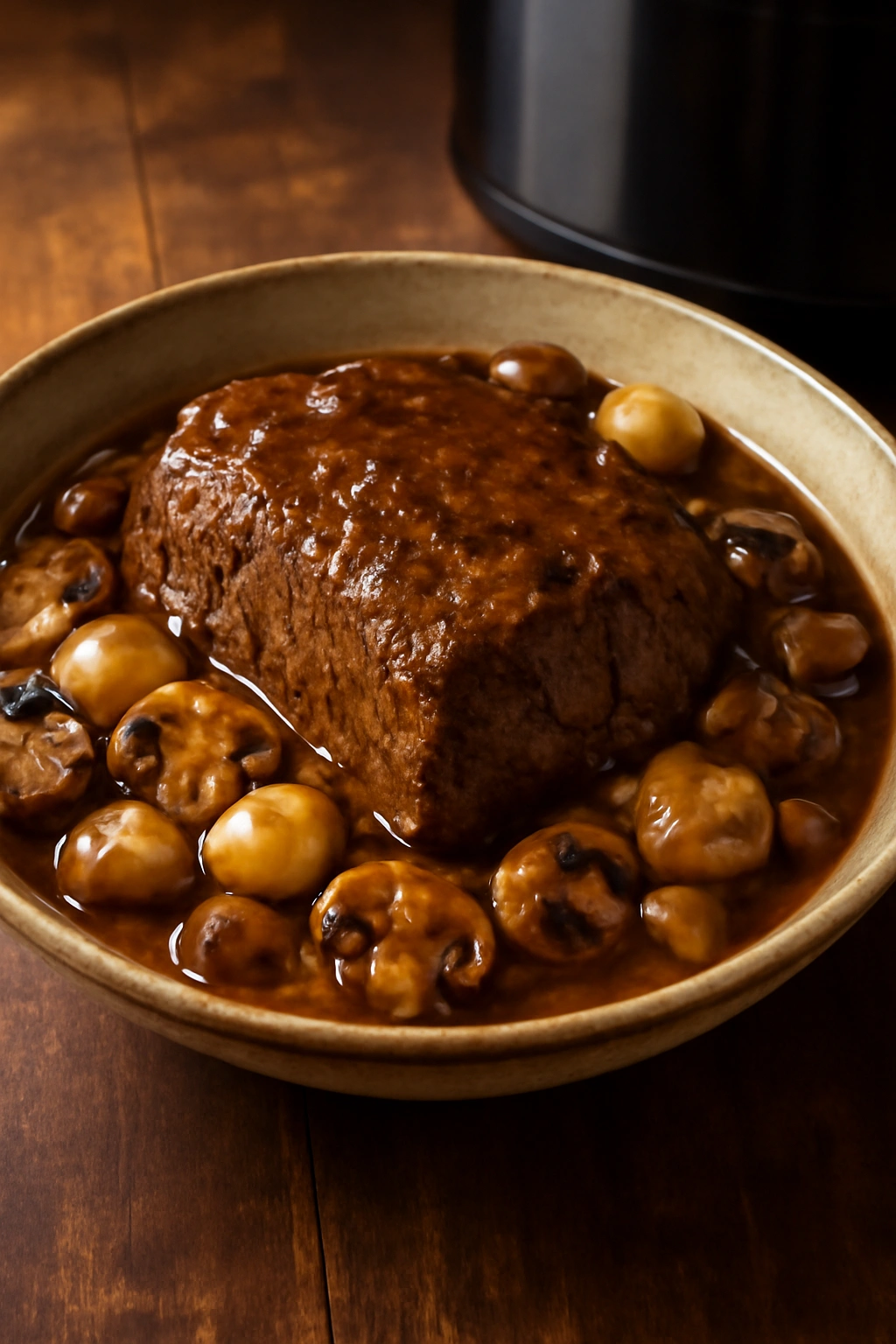 Pot roast with mushrooms and pearl onions in gravy