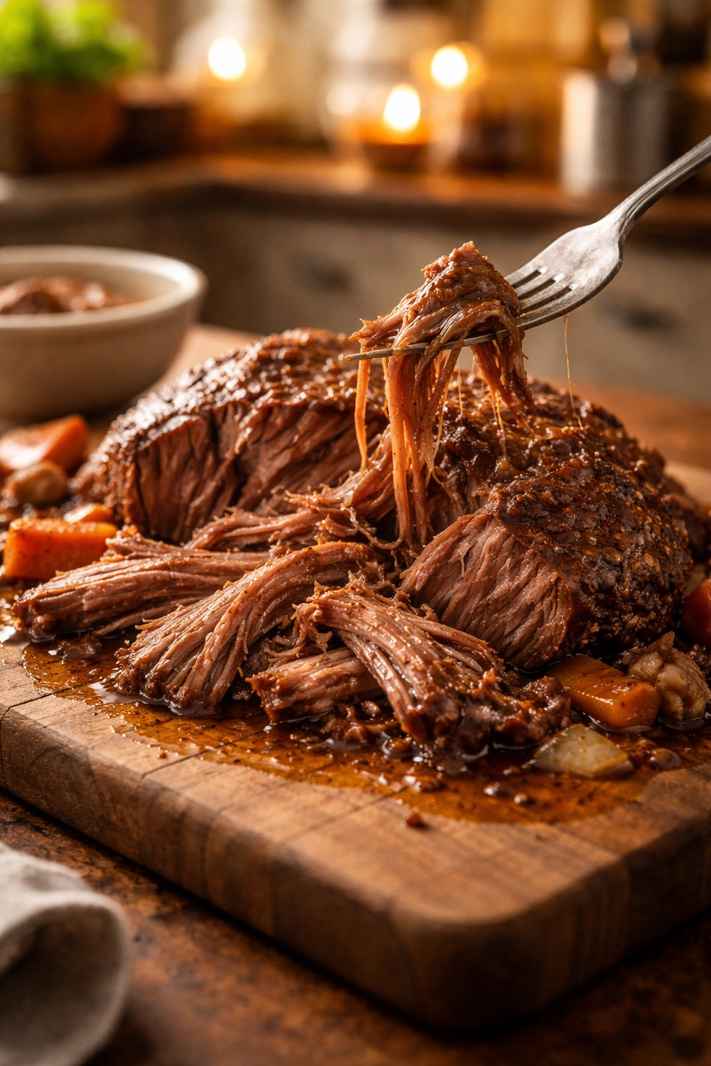 Close-up of tender shredded beef from slow-cooked roast on a wooden board