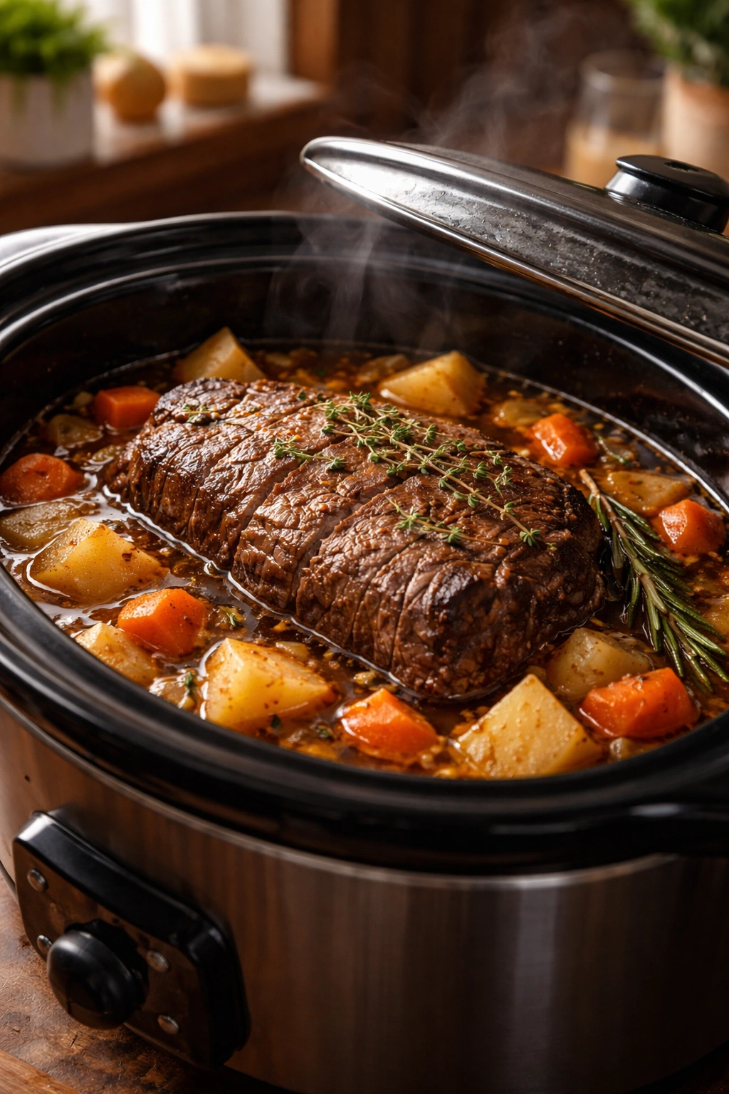Pot roast with root vegetables in slow cooker