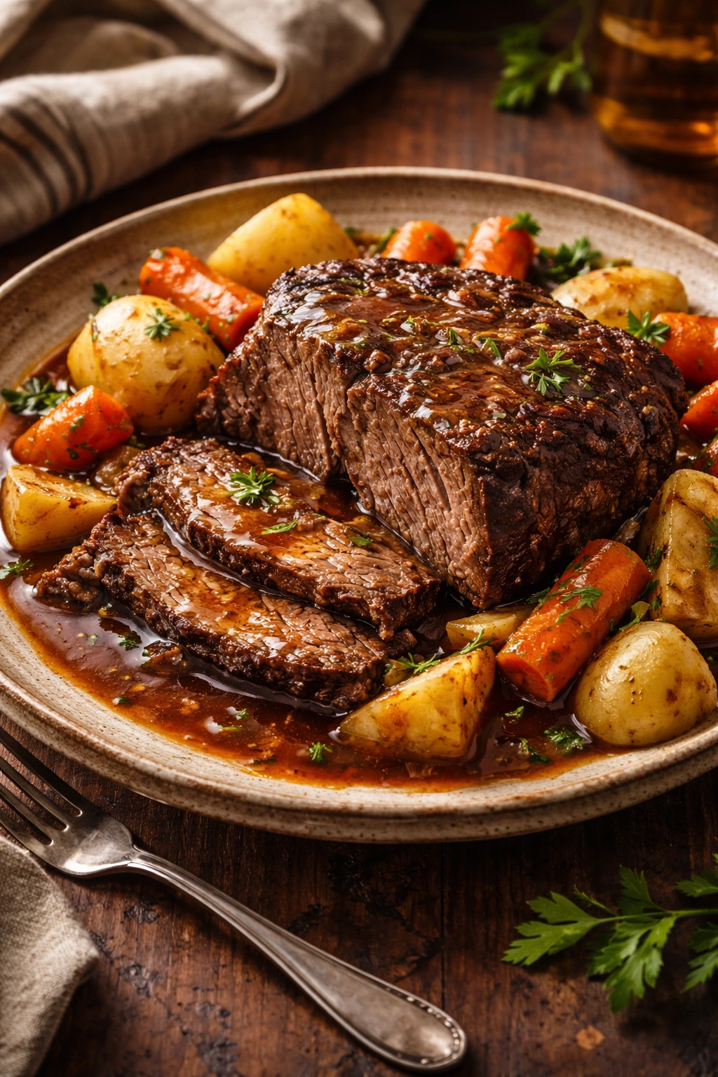 Tender braised pot roast with root vegetables on a rustic plate.