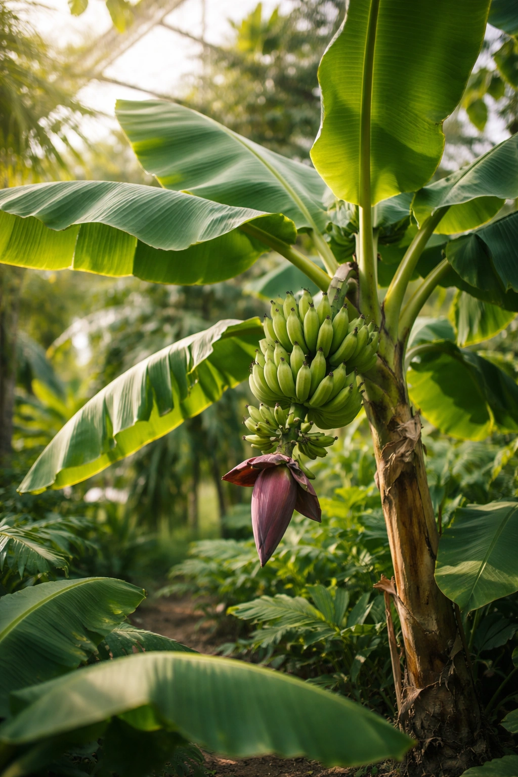 Healthy banana plant with lush green leaves in tropical setting
