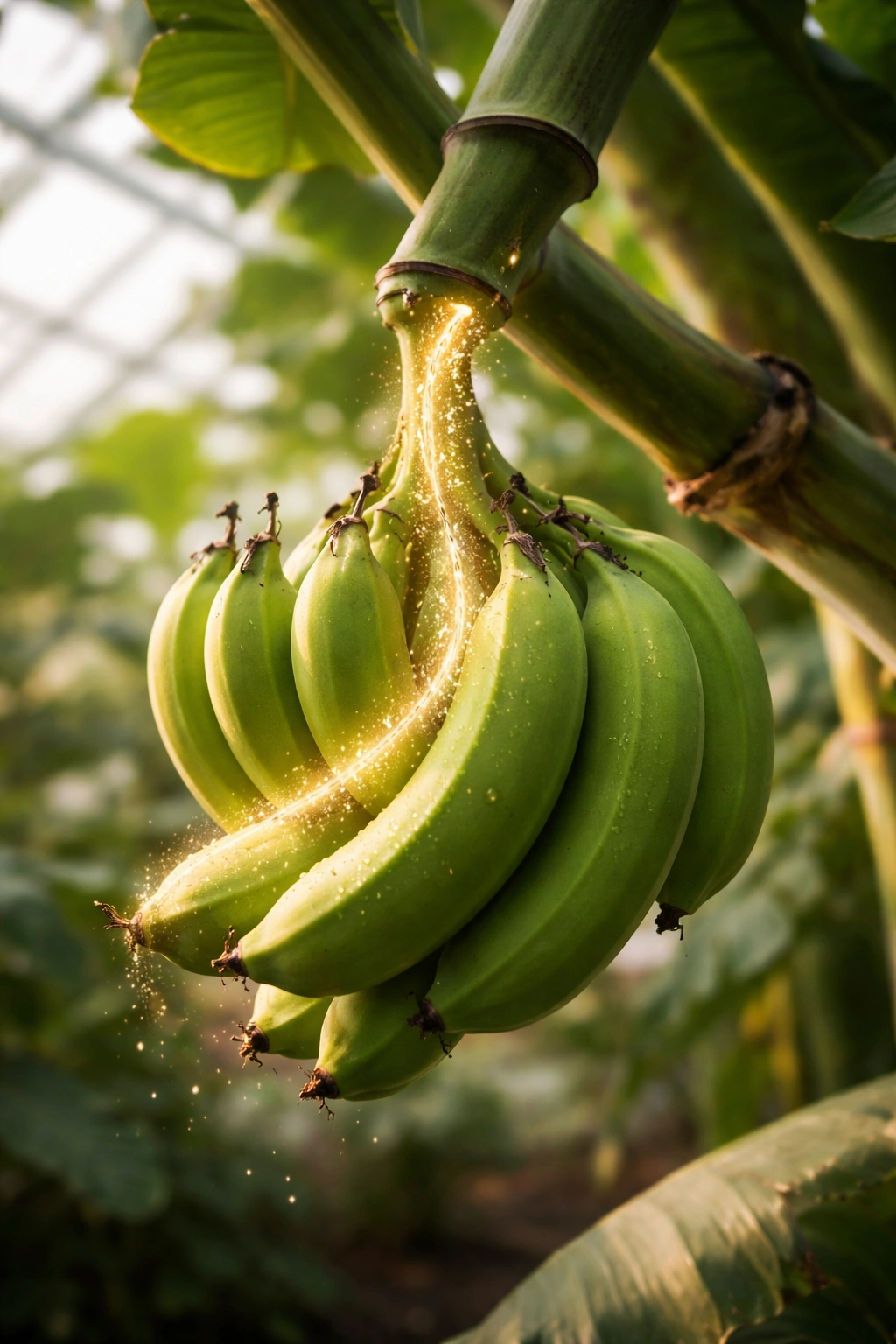 Banana fruit developing with subtle glow suggesting nutrient flow