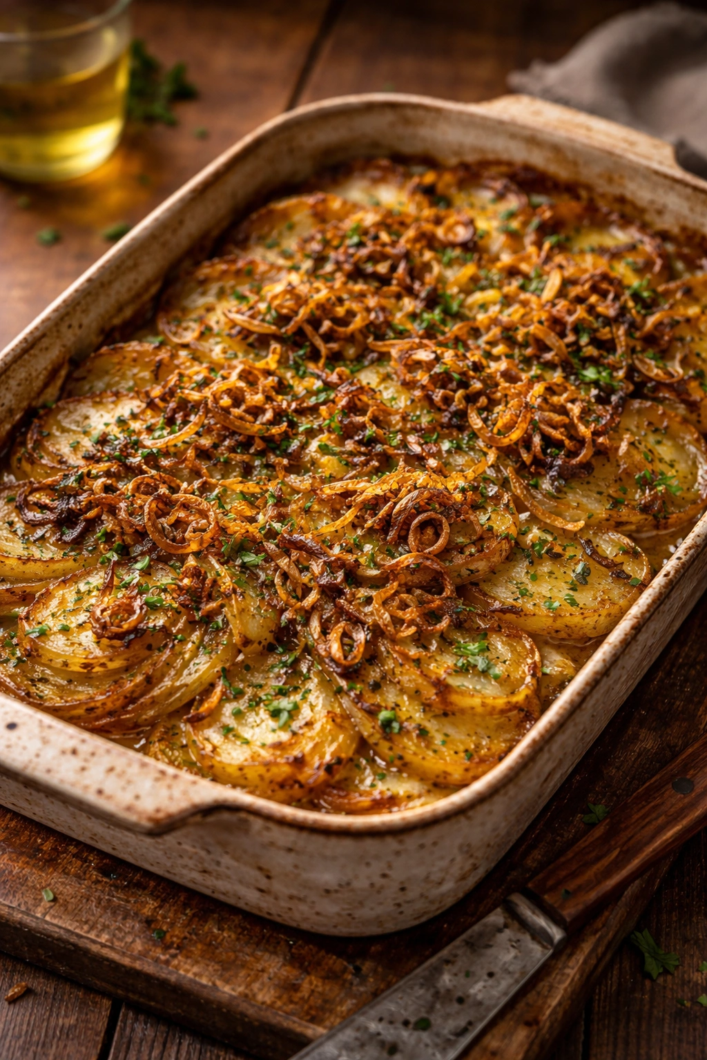 Close-up of layered potato bake with crispy edges and shallots