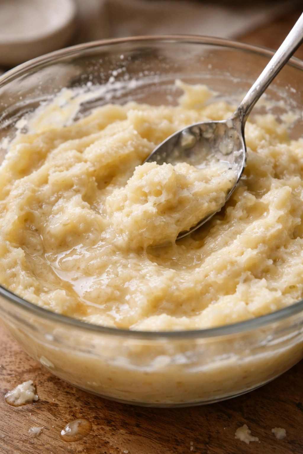 Over-wet potato filling with glossy surface and separation
