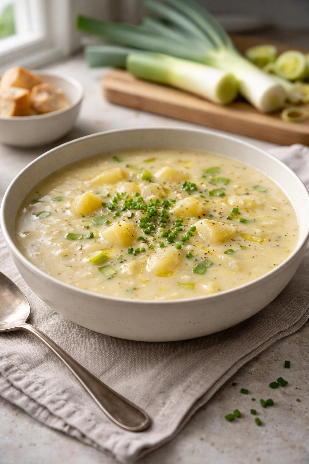 Creamy potato and leek soup in a pale bowl with velvety texture
