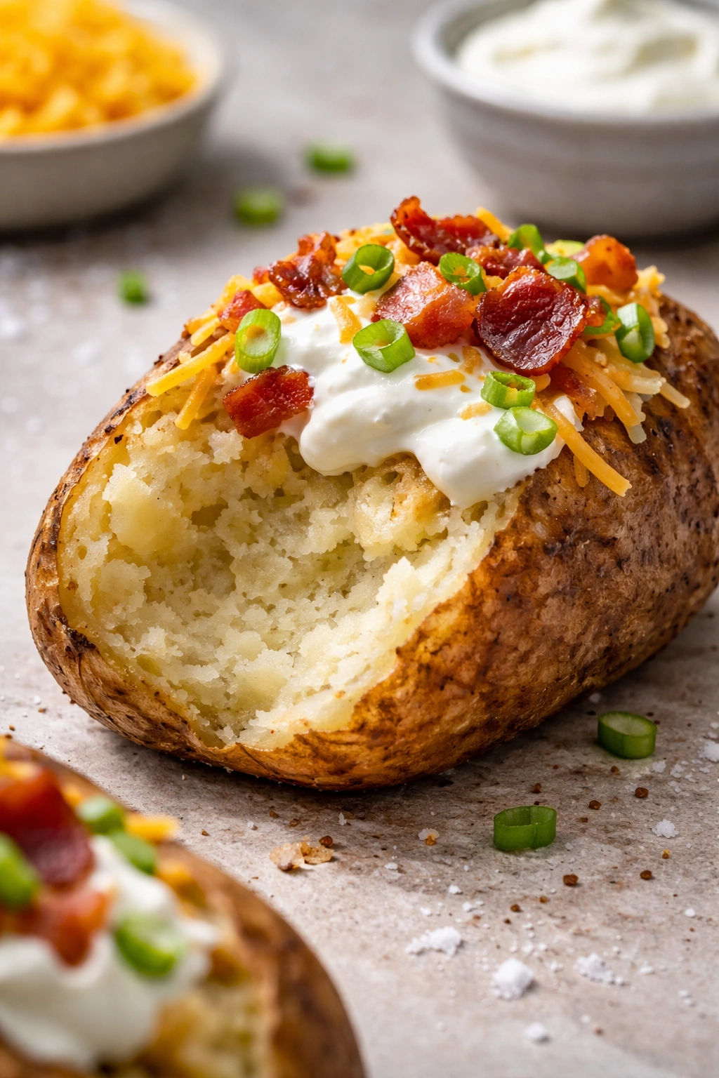 Undercooked potato half showing pale interior as a mistake