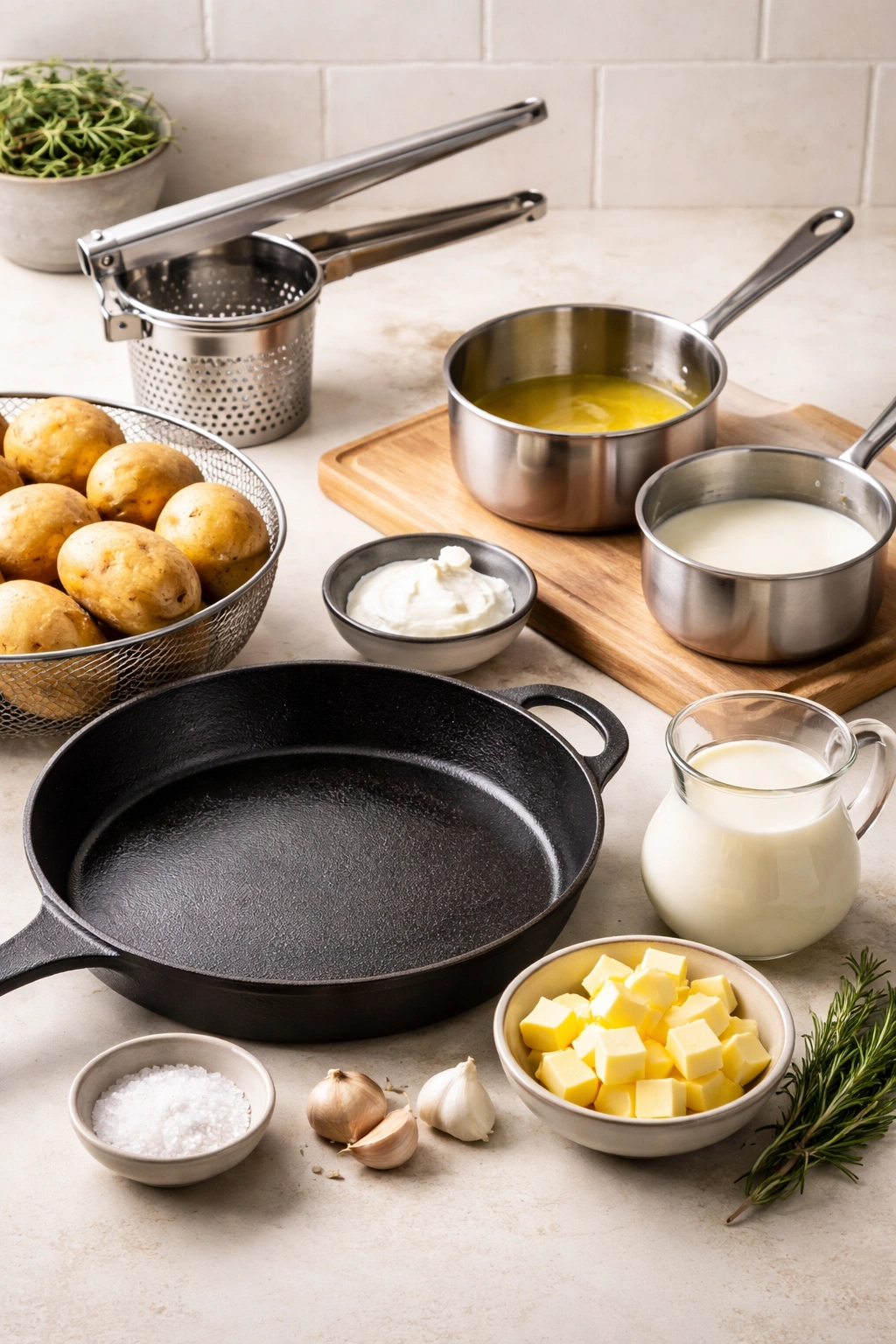 Ricer, skillet, butter, cream and salt arranged for a cooking setup