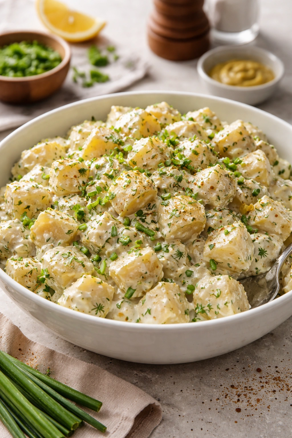 Creamy potato salad with dill in a bowl on a neutral kitchen counter