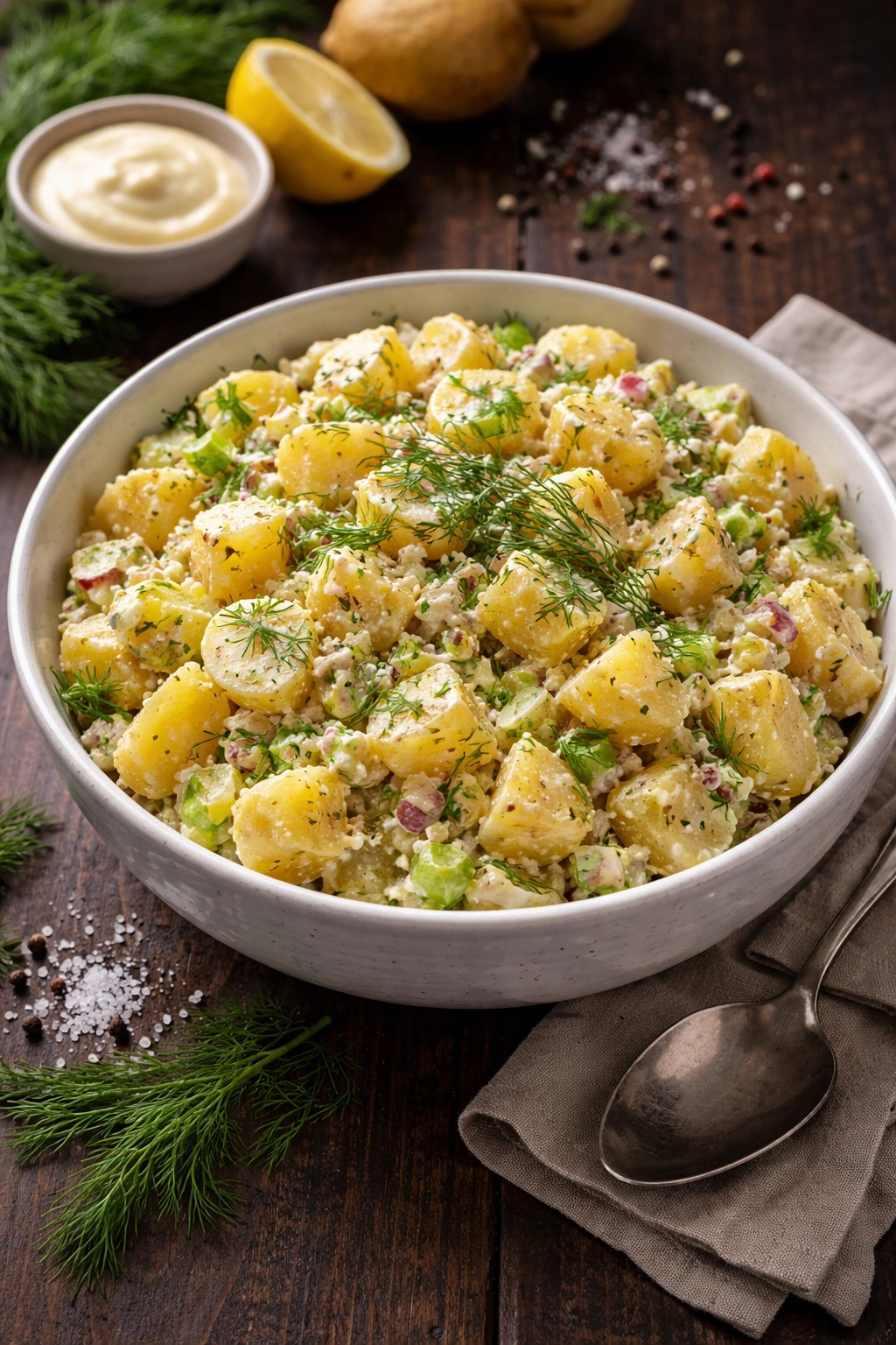 Glossy potato salad with dill on a dark wood table