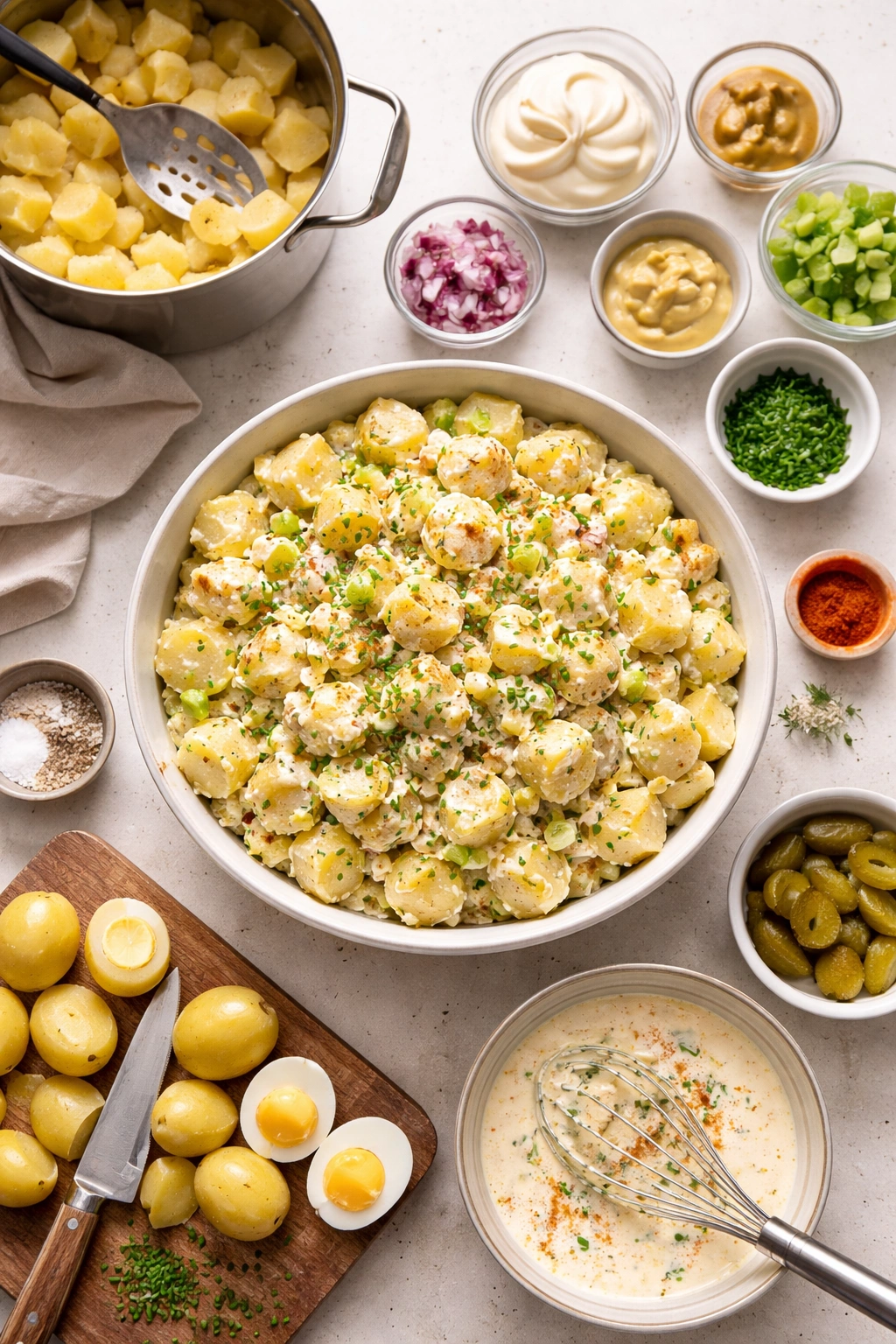 Potato salad showing folded dressing in a bowl