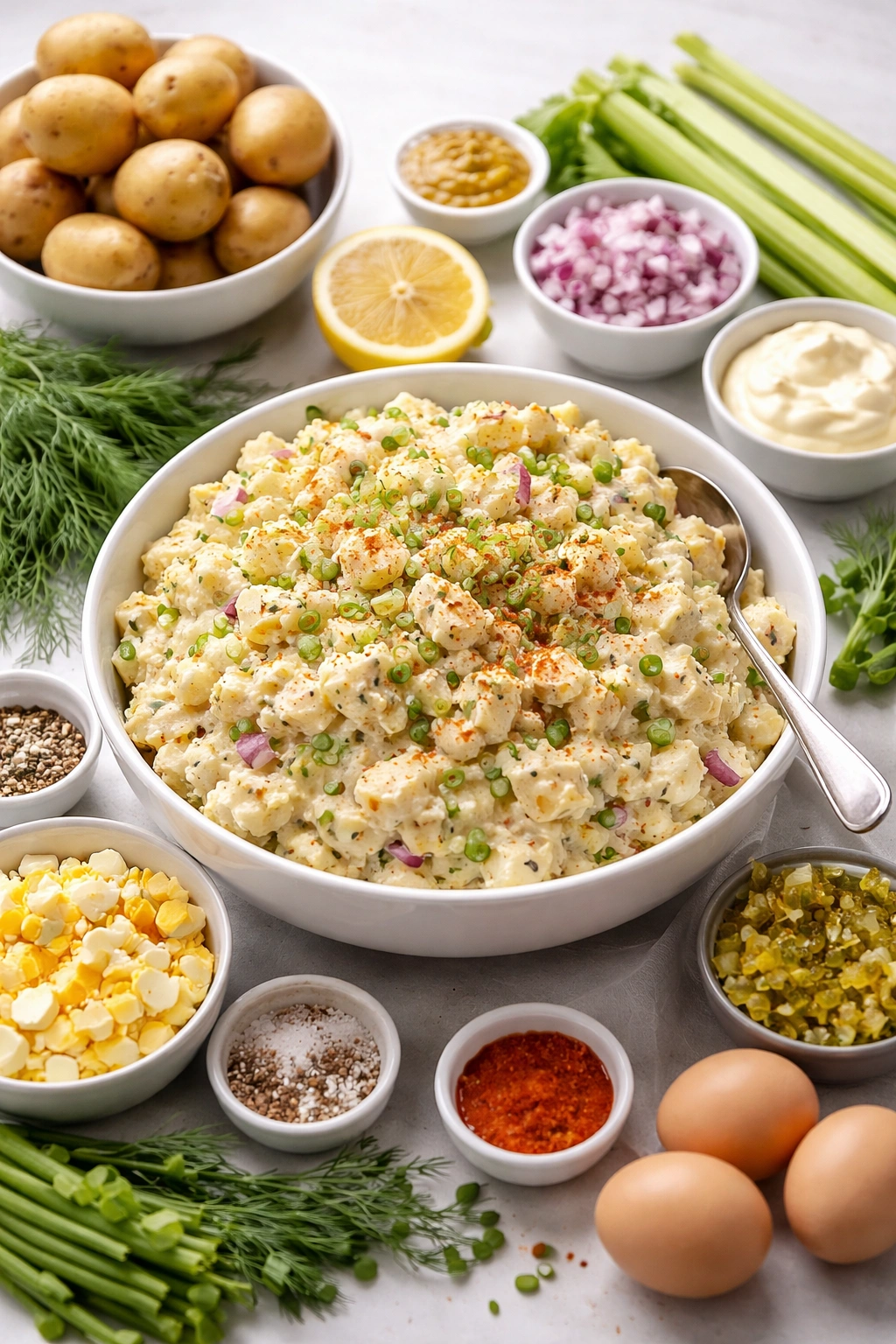 Creamy herb potato salad in a bowl on a kitchen counter