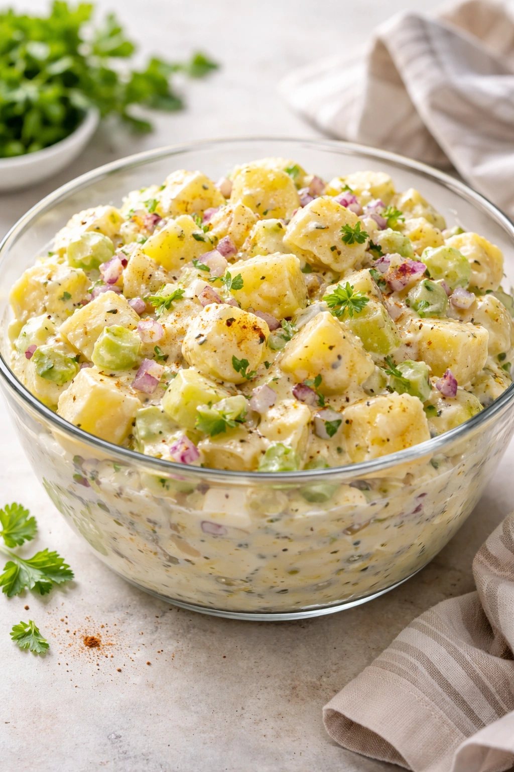 Creamy potato salad with chunks of potato and vegetables