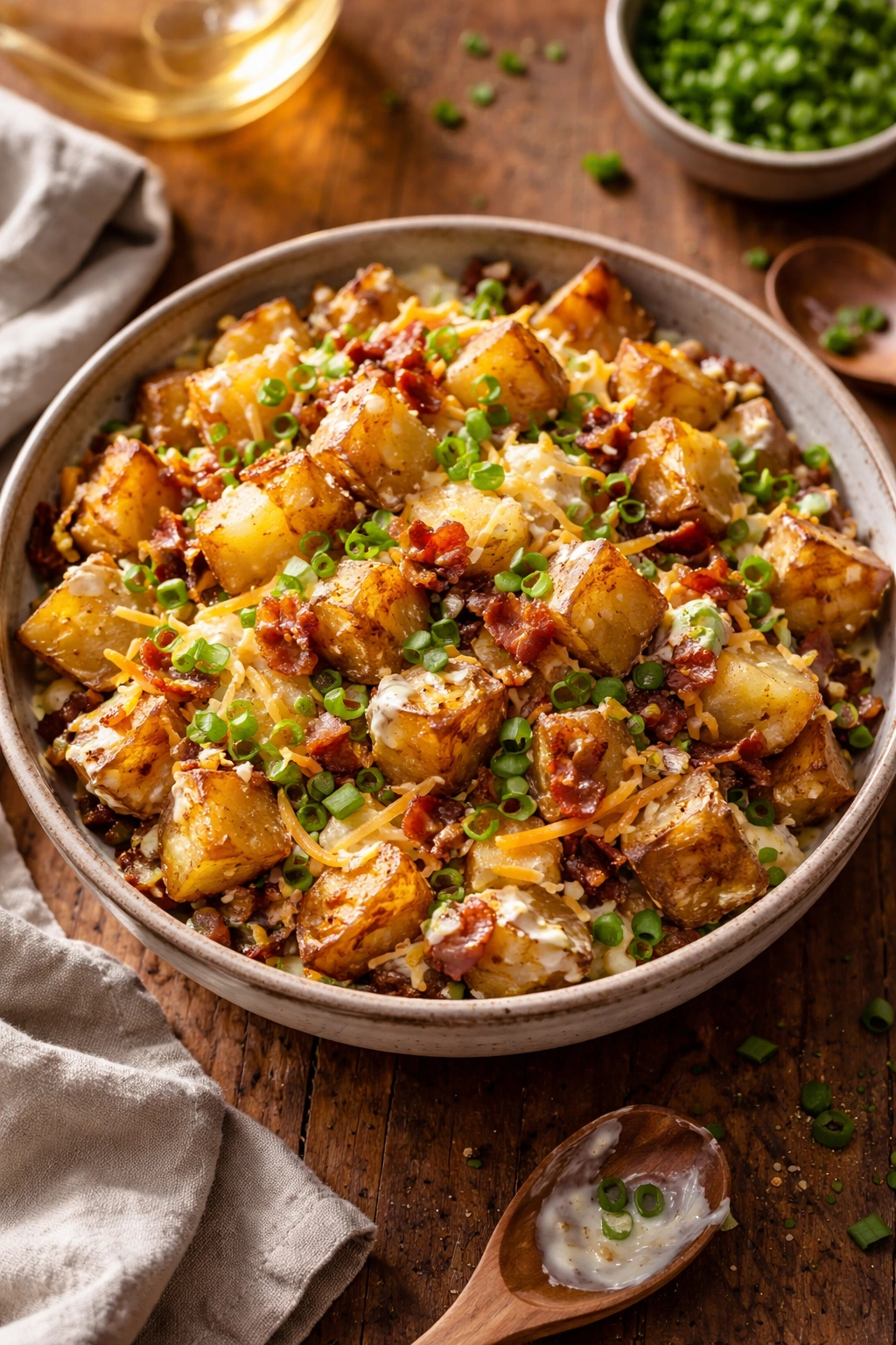 Close-up of loaded baked potato salad with bacon, cheddar, and herbs in a rustic bowl