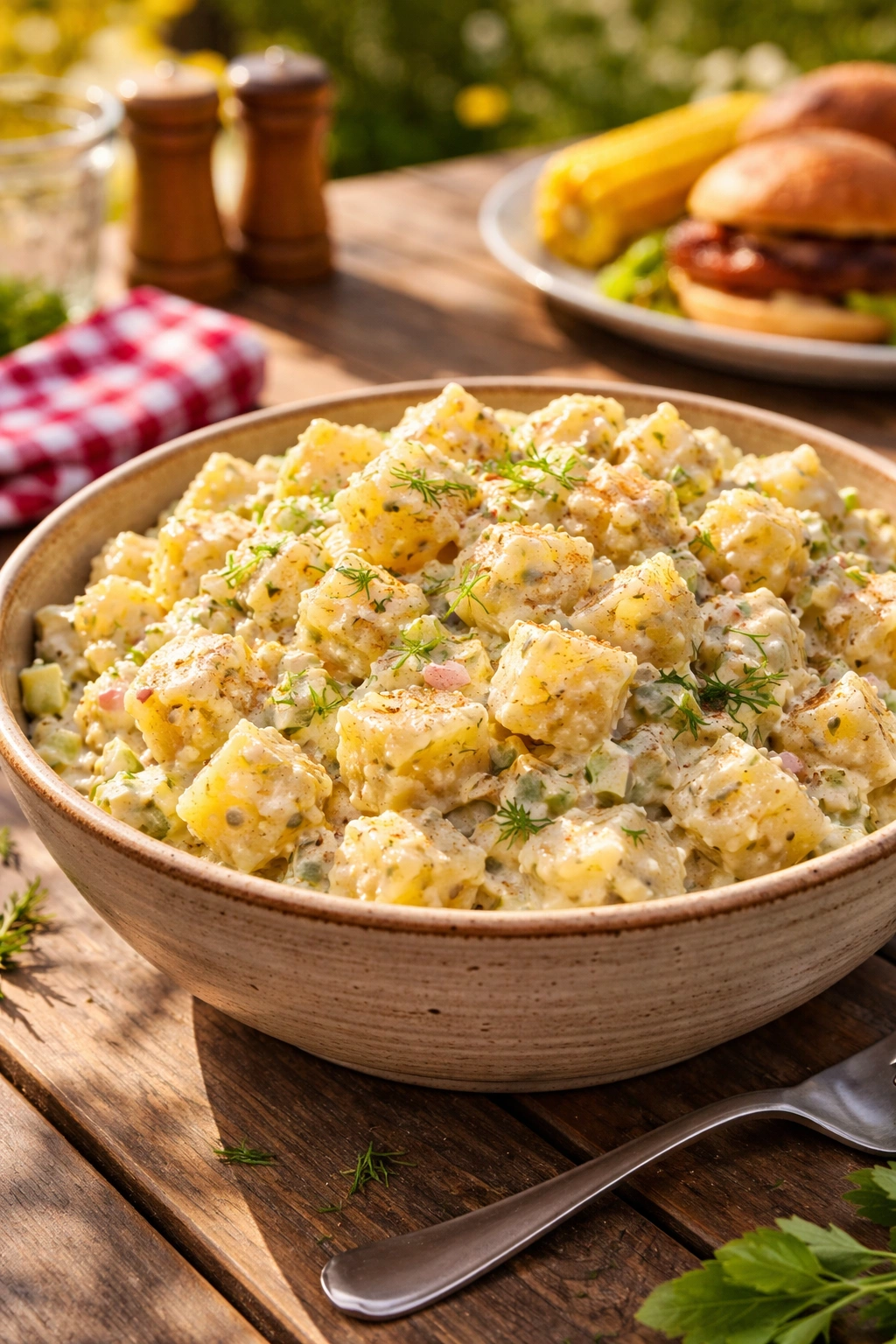 Close-up of creamy potato salad in a rustic bowl on a sunny picnic table