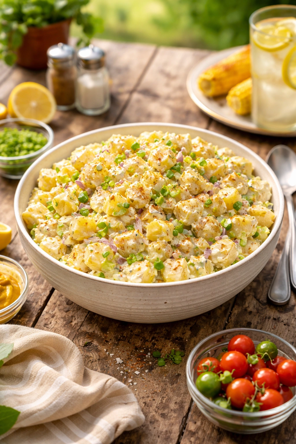 Large serving bowl of potato salad on a wooden table in daylight
