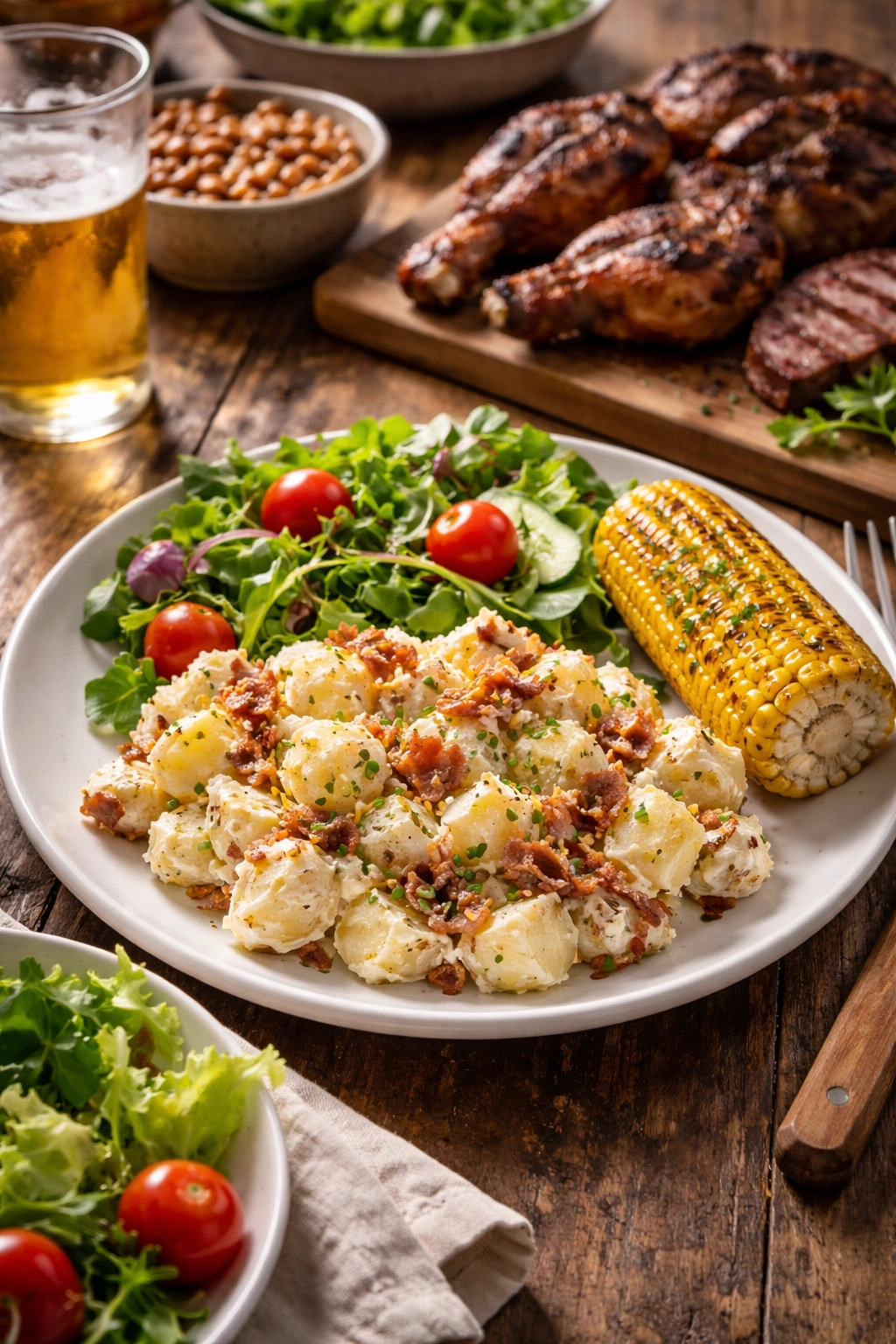 Plate of loaded potato salad with sides on a wooden table
