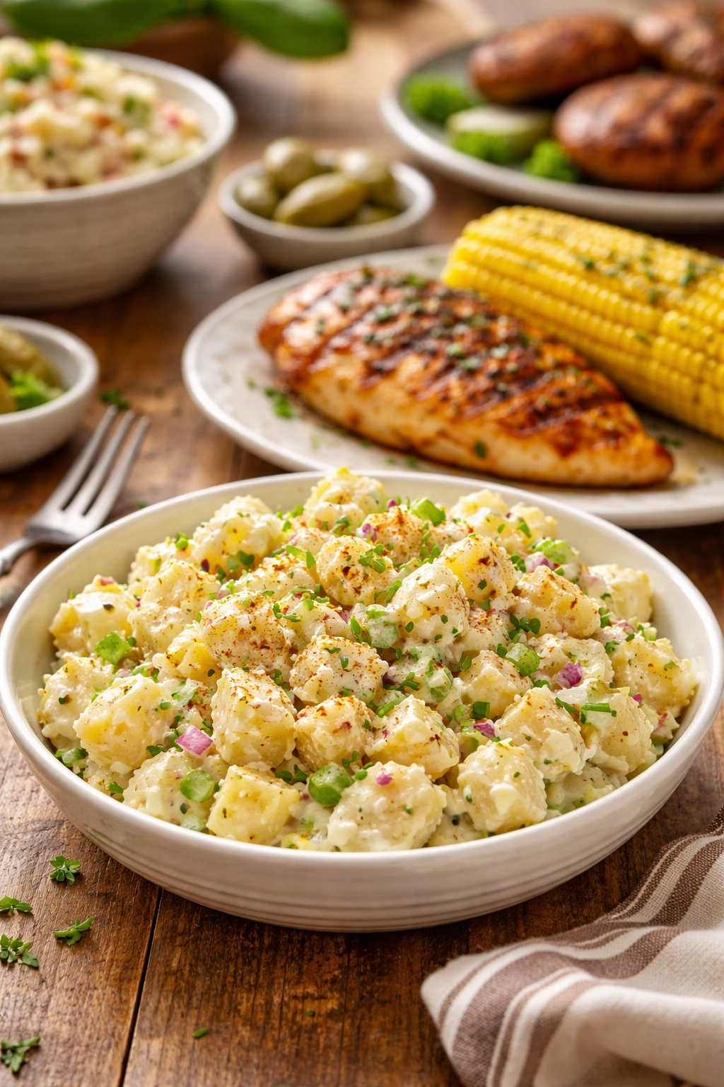 Plate of potato salad with grilled chicken and corn as pairings.