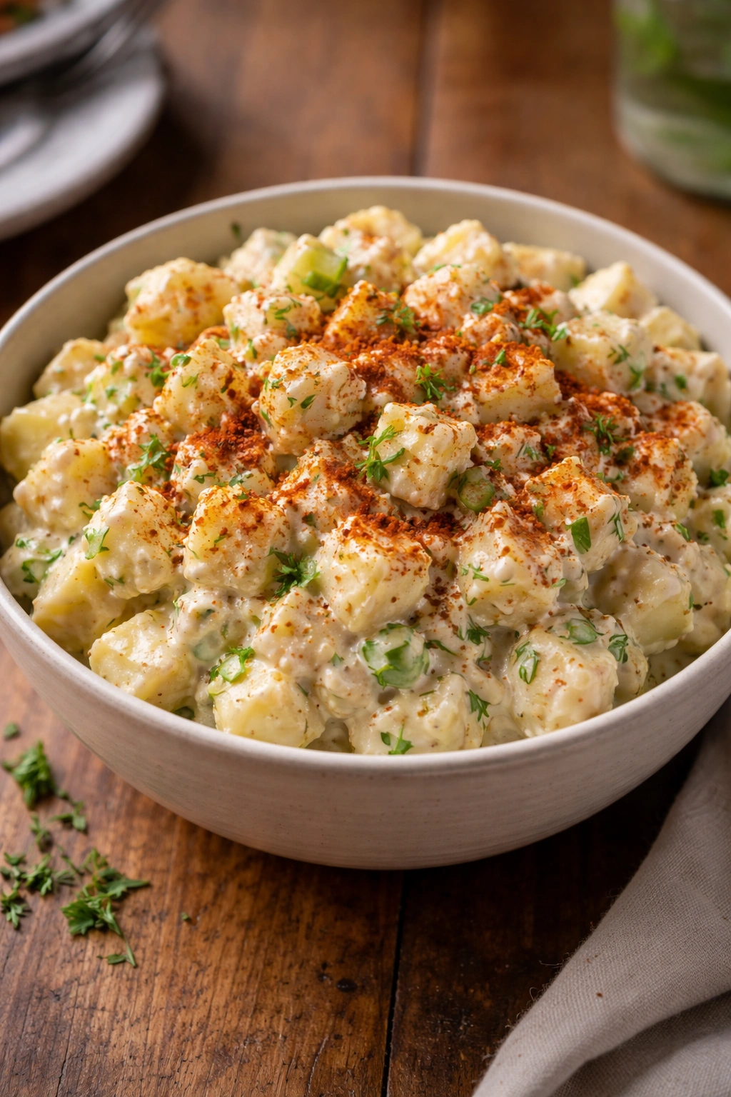 Creamy smoky potato salad in a neutral bowl