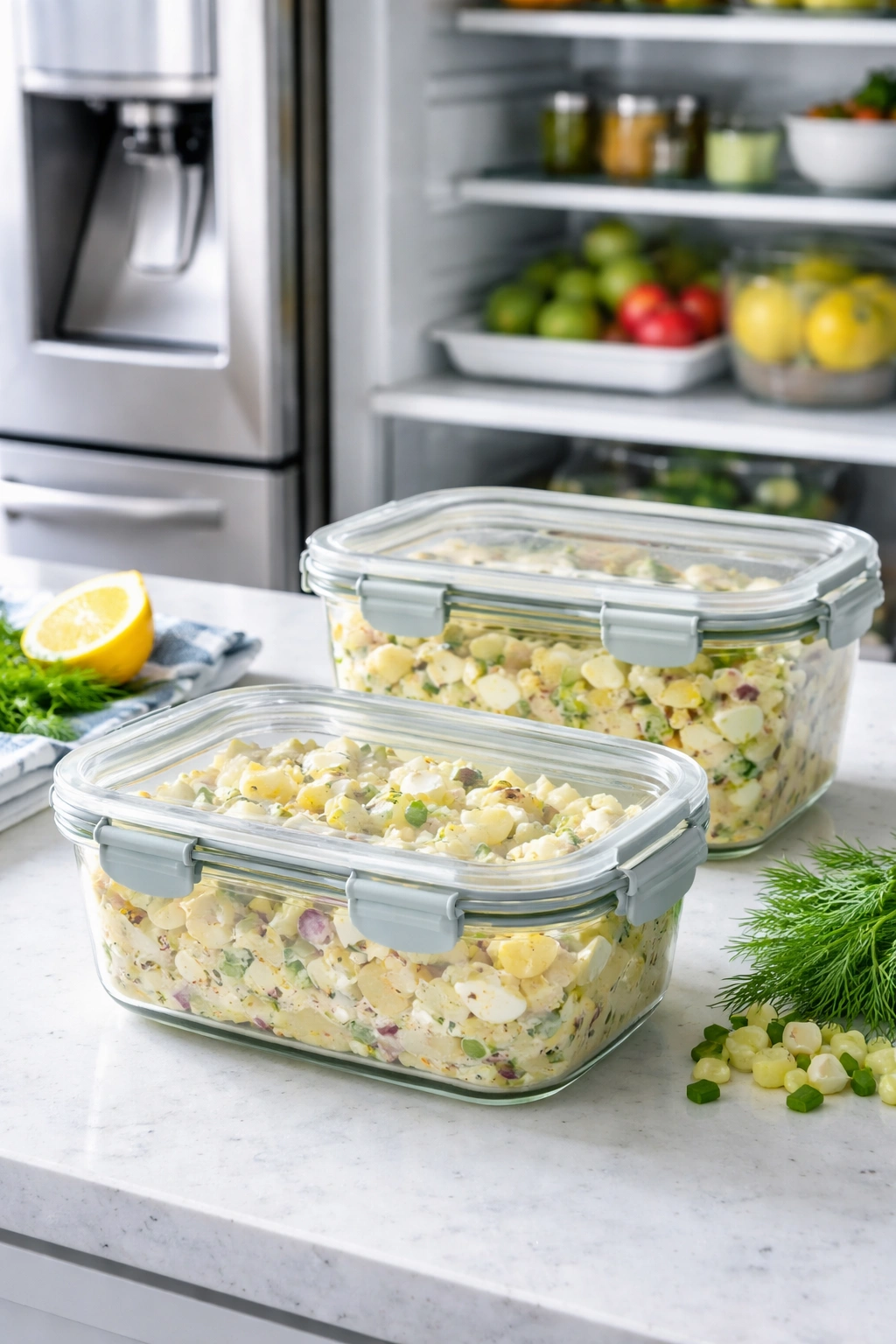 Potato salad in glass containers on a kitchen counter showing make-ahead storage.